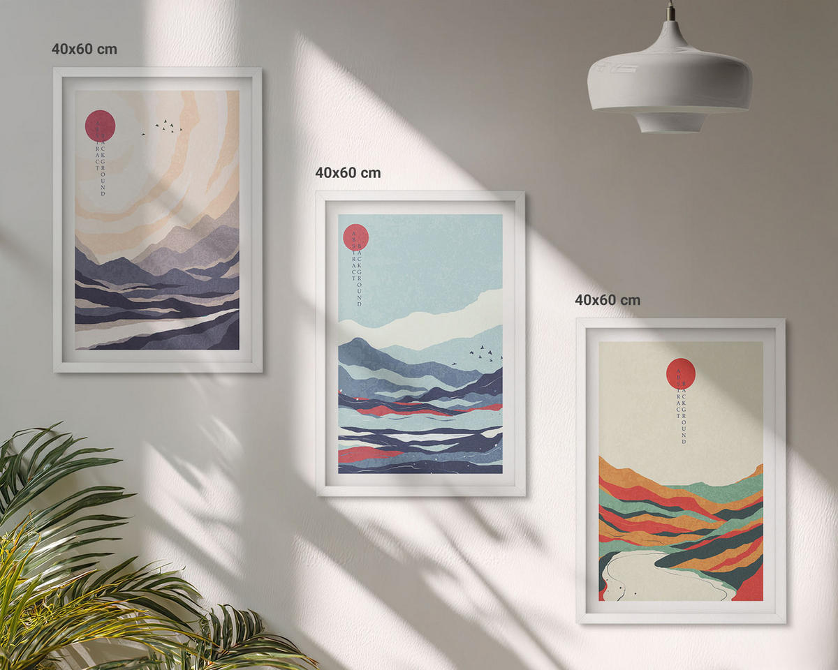 BILDER SET 3er Set - 40x60 cm Weißer Rahmen - Japanische Bergabstraktionen - Weiß, Kunststoff (40/60cm) - TULUP