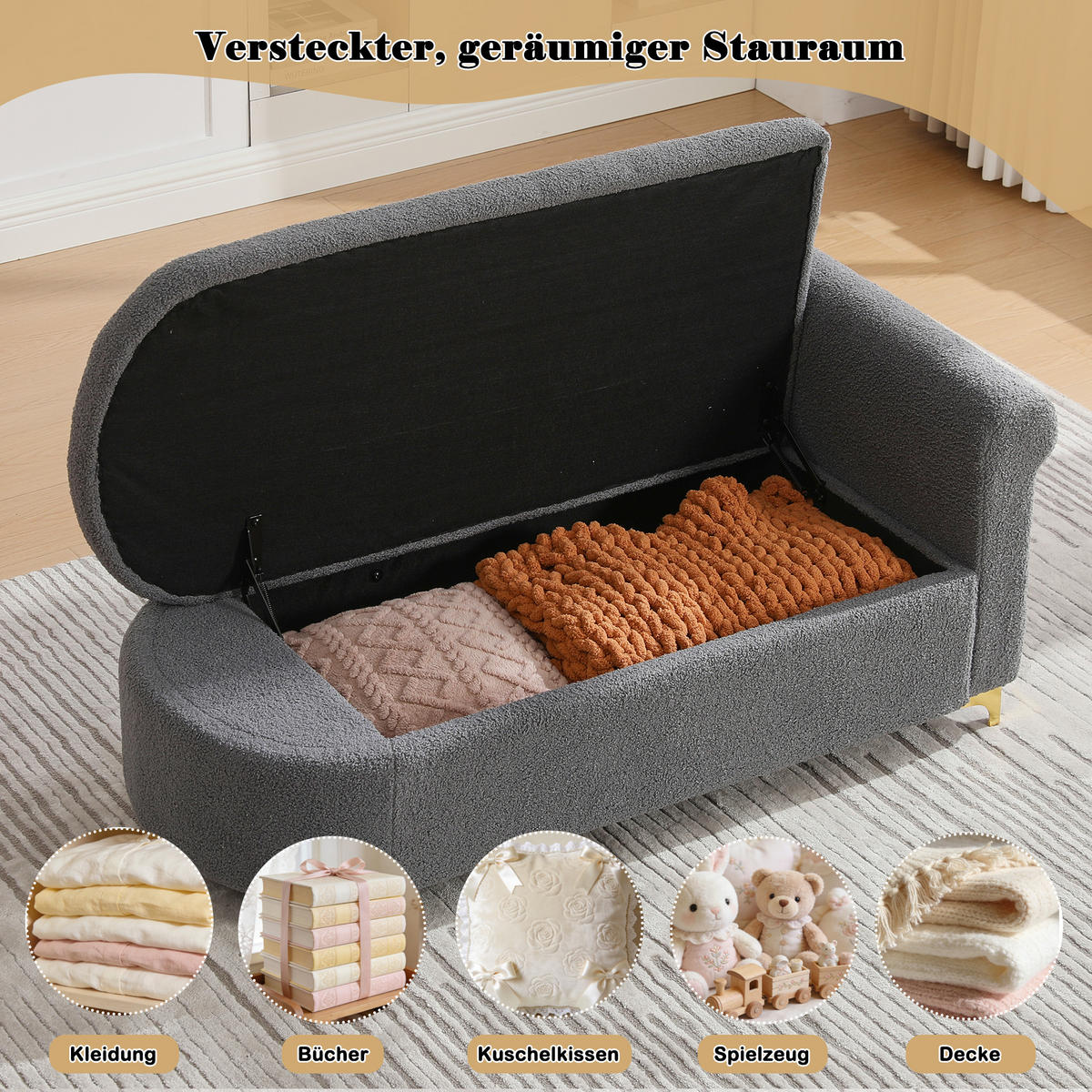 CHAISELONGUE mit Stauraum 134 cm, Teddyplüsch, modernes Design, wellenförmige Rückenlehne, inkl. Lenden- & Nackenkissen - Grau, Textil (64/70/134cm) - Ej. Life