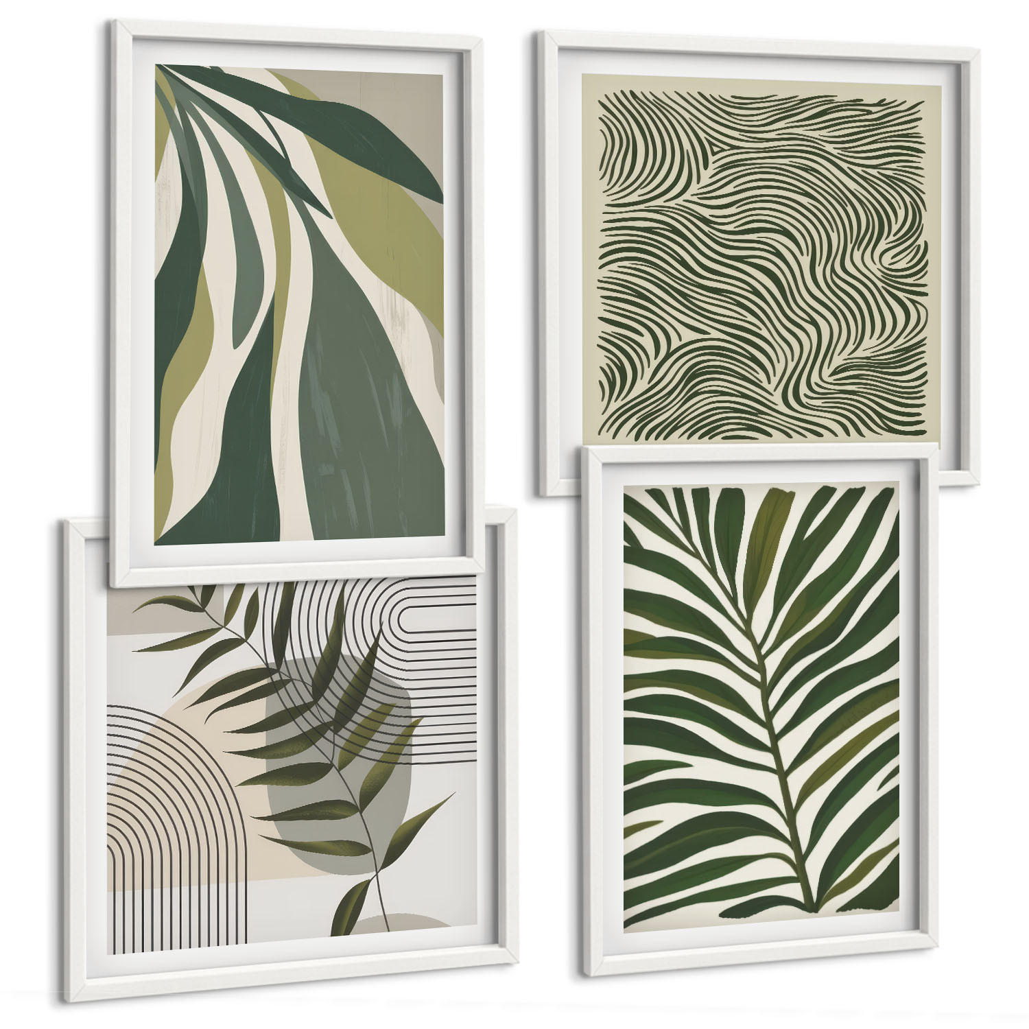 BILDER SET 4er Set - 50x50 cm & 40x60 cm Weißer Rahmen - Blätter, Wellen – Pastellillustrationen - Weiß, Kunststoff (50/50cm) - TULUP