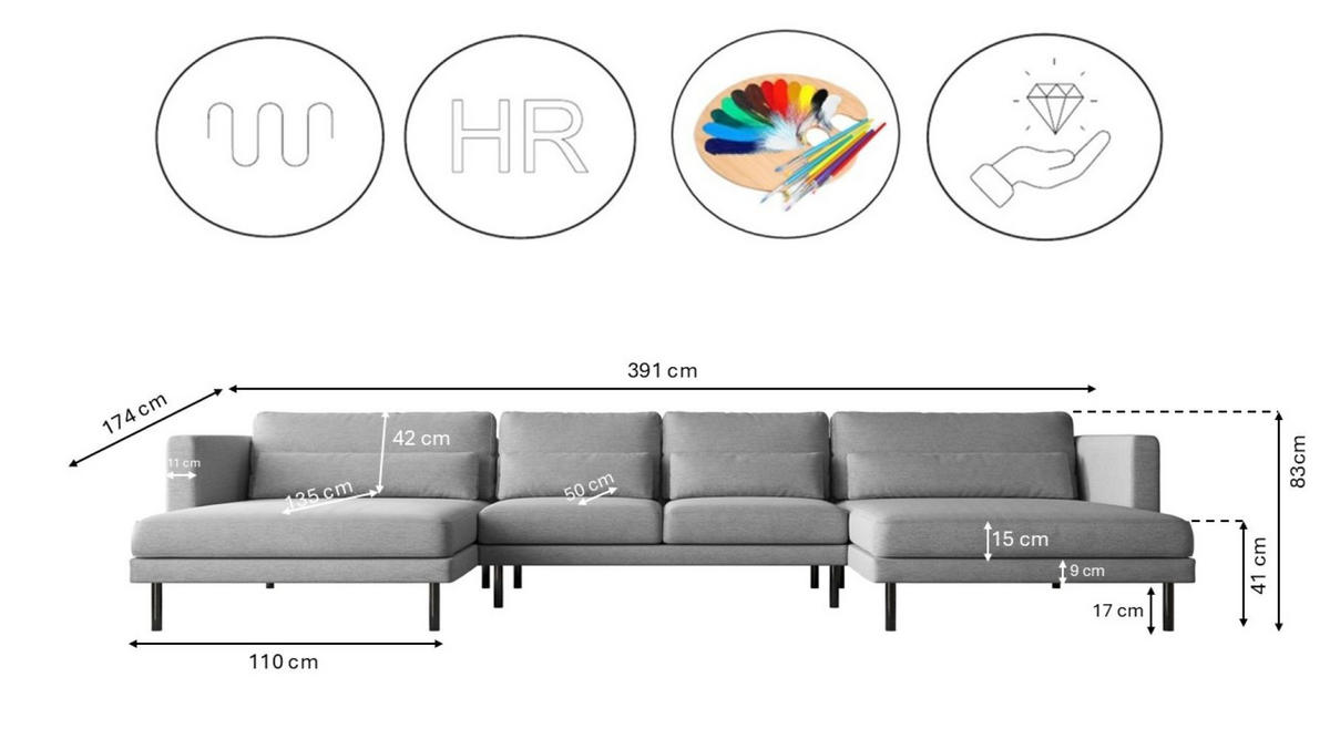 ECKSOFA DANI In U-Form Stilvolles Stoff Verita Grau - Grau, Holz/Textil (174/391cm) - Kaiser Möbel