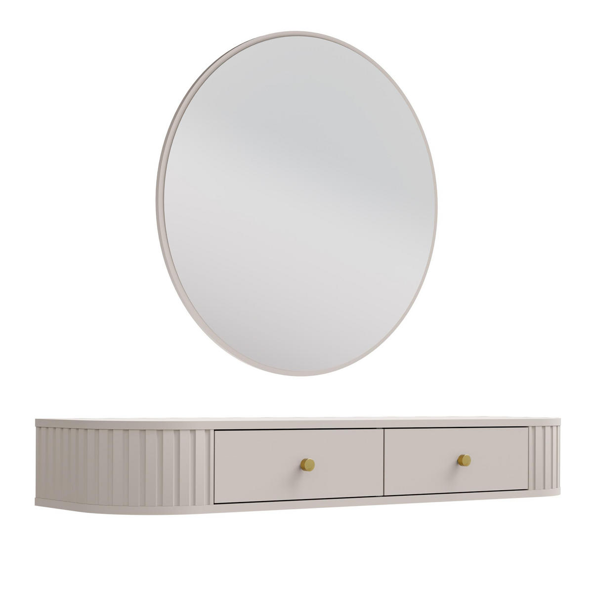 KONSOLENTISCH Halay Beige 2 Schubladen mit runden Kanten + Rund Spiegel 100 cm - Beige/Goldfarben, Holzwerkstoff/Metall (35.9/123/17.5cm) - AX Living