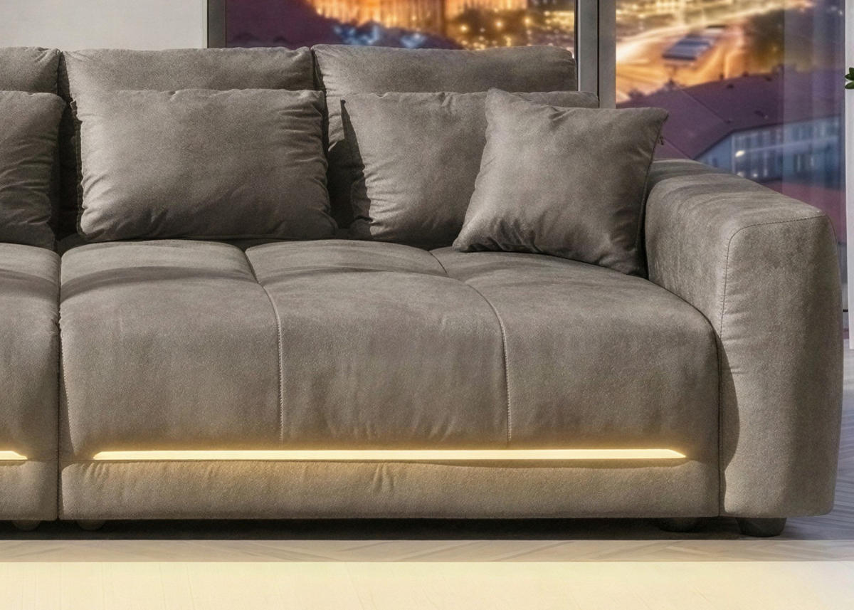 BIG-SOFA Federkern B294/T136/H86 cm, RGB-LED-Beleuchtung mit Fernbedienung, Mikrofaserstoff in Hellgrau / 15416 - Hellgrau/Schwarz, Kunststoff/Textil (294/86/136cm) - luma-home