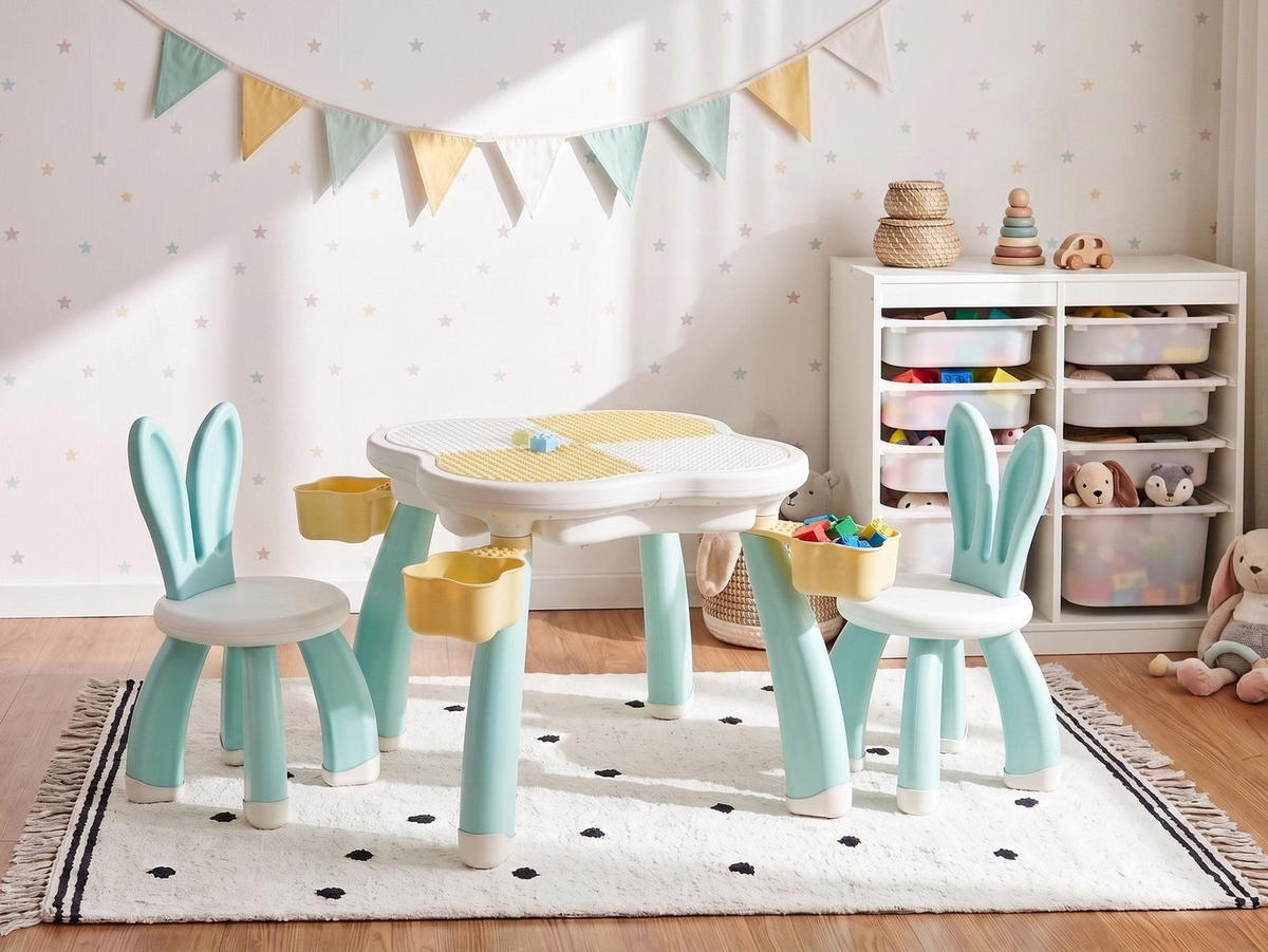 KINDERTISCH mit Stühlen Weiß/Blau Bunyan - Blau/Weiß, Kunststoff (65/55/65cm) - Beliani