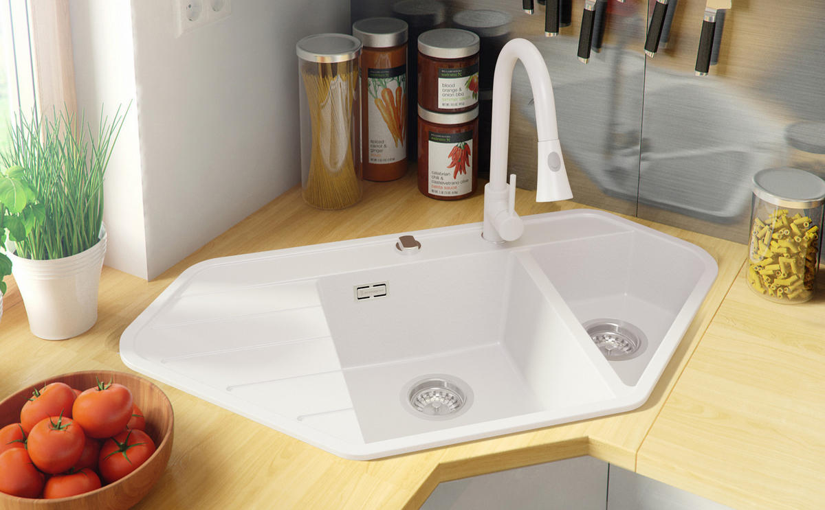 ECKSPÜLE Kopenhagen Corner, 2-er set Weiß 90/50 cm 1,5 Becken + Ablauf-Set ab 70er Unterschrank - Chromfarben/Weiß, Kunststoff (90/18/50cm) - Primagran