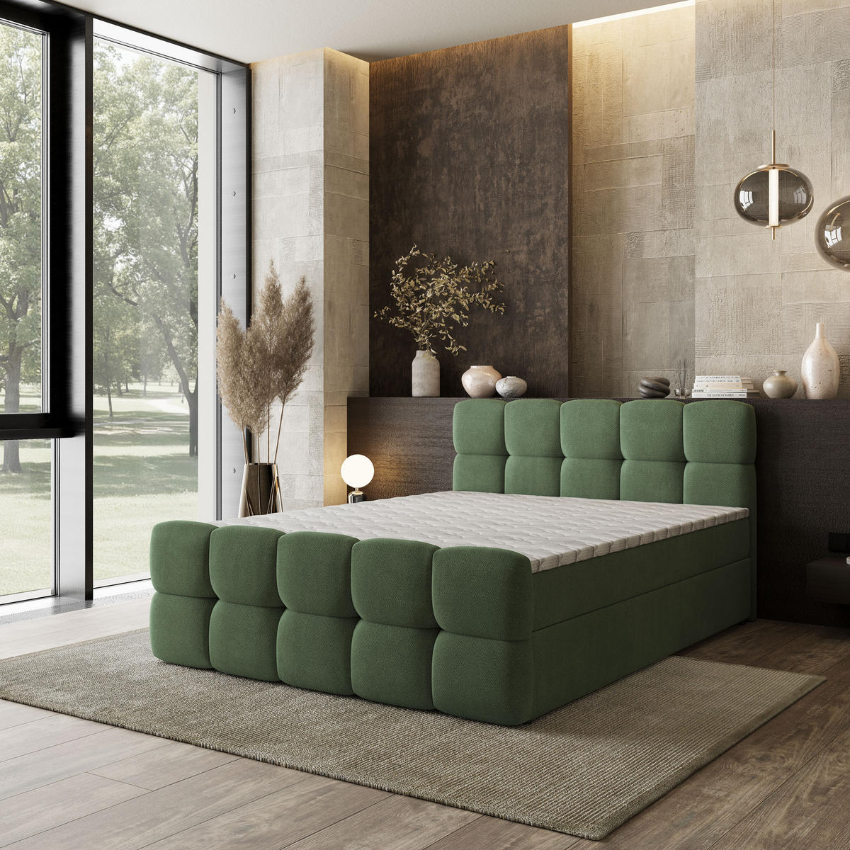 BOXBETT BRUME 180x200 cm mit Matratze und Topper, H2+H3 - Grün - Grün, Holz (180/200cm) - MASSENO