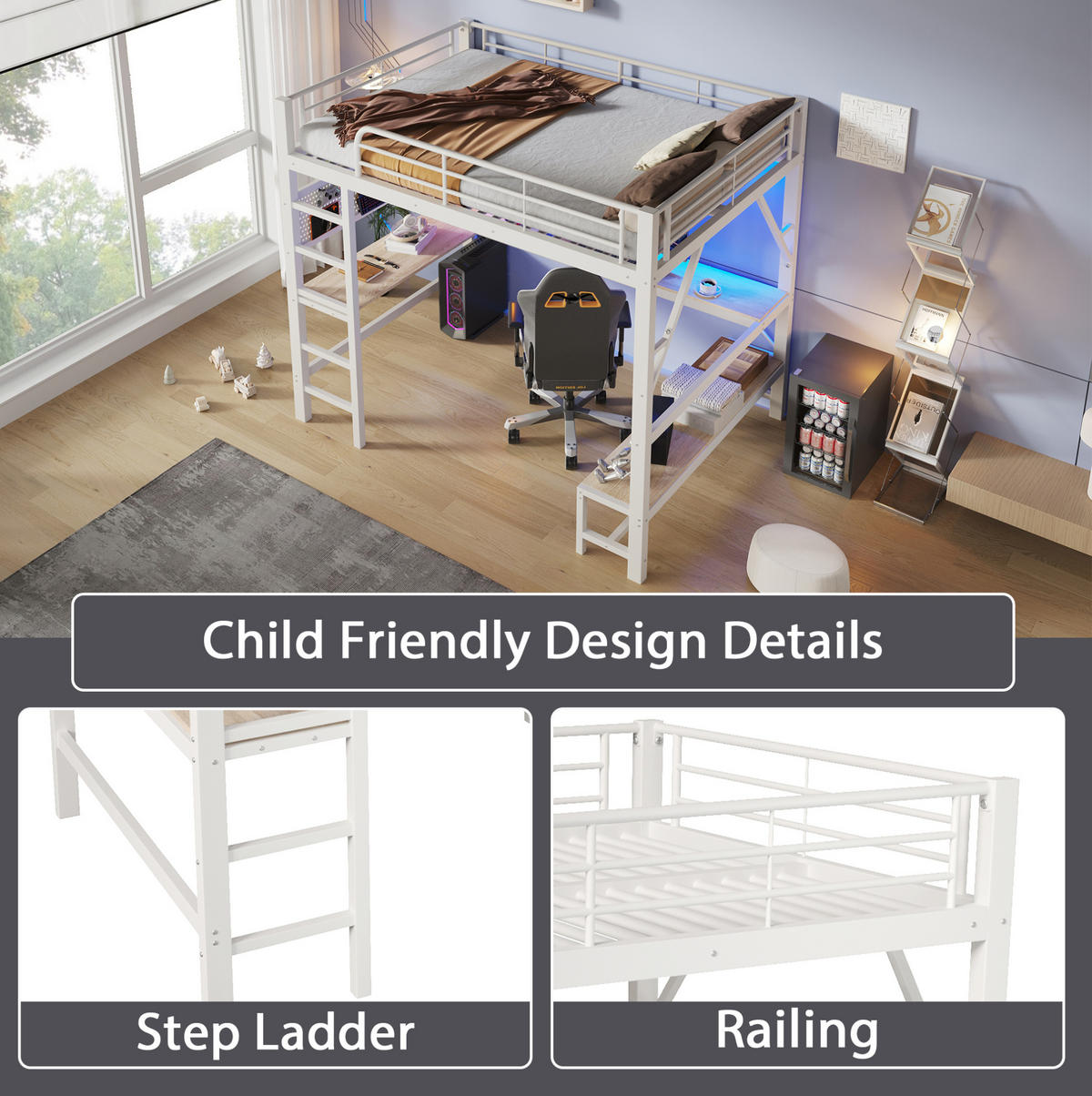 HOCHBETT aus Metall und MDF 160x200 cm Weiß mit Schreibtisch, LED-Leiste und USB-Type-C-Anschluss - Weiß, Metall (160/200cm) - Modfu