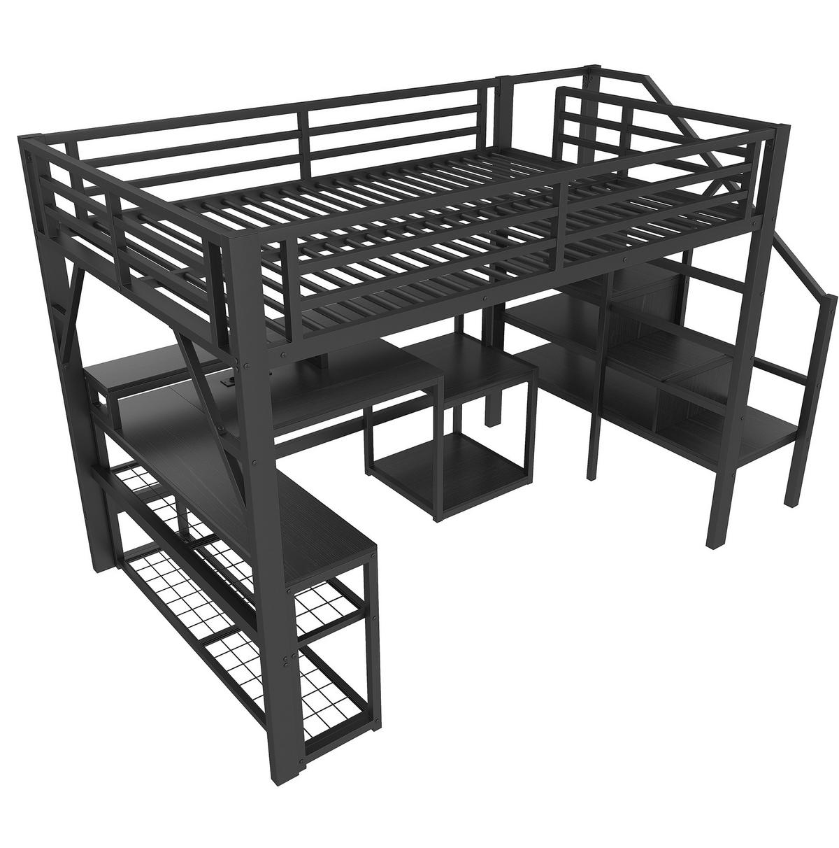 VYSOKÁ postel 255/145,5/170 cm černá s psacím stolem LED osvětlením a USB z kovu a MDF - černá, kov (140/200cm) - OKWISH