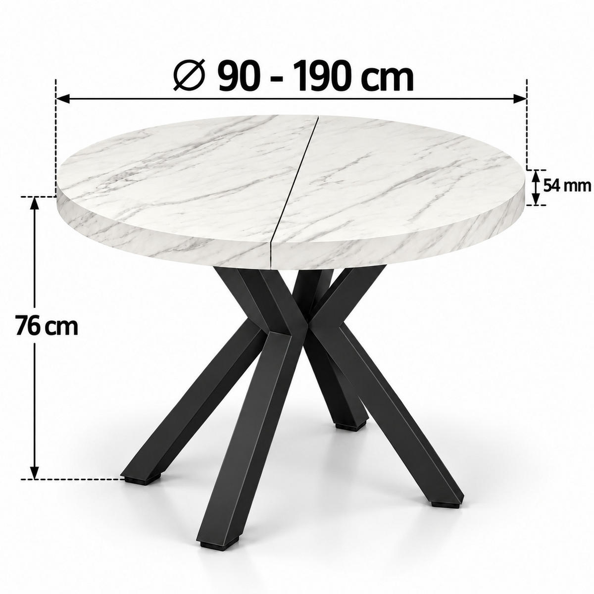 ESSTISCH rund ausziehbar 90/190/76 cm, Marmor, 54 cm Tischplatte + X Metallbeine Schwarz - Hellgrau/Schwarz, Holzwerkstoff/Metall (90/190/76cm) - Damale Möbel
