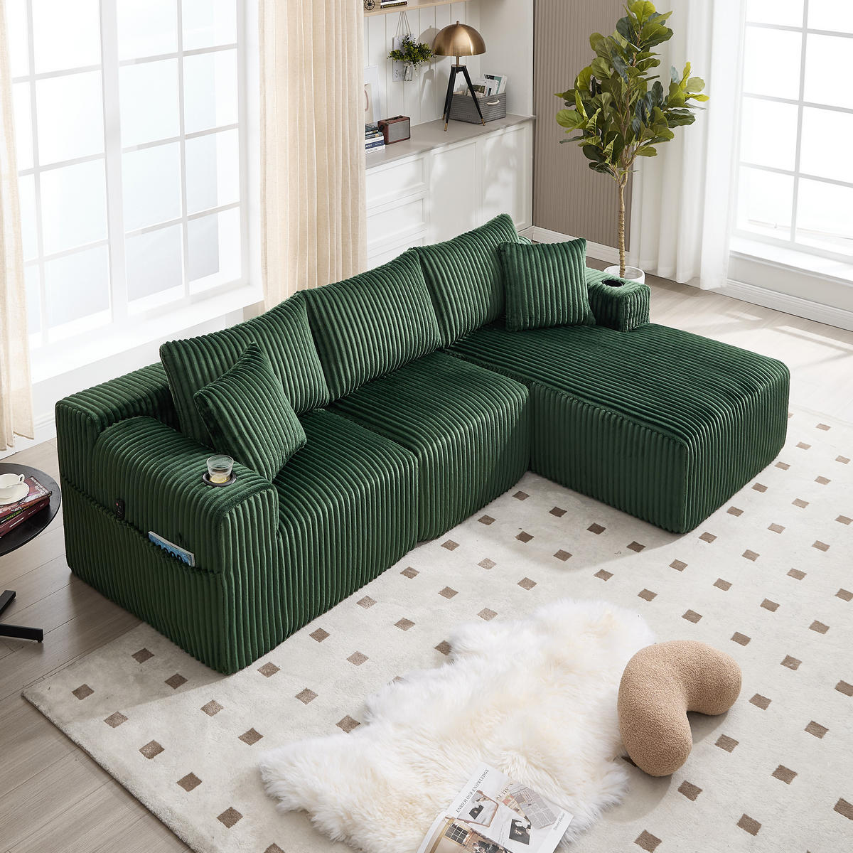 ECKSOFA 257/160/80 cm Smaragd mit Seitliche Staufächer und Getränkehalter - Smaragdgrün, Textil (257/160cm) - Oxeza