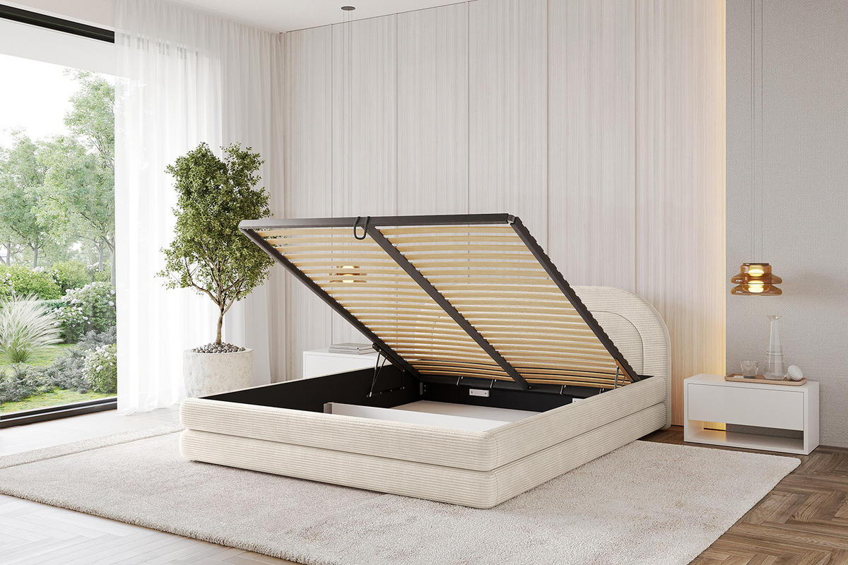 POLSTERBETT mit Bettkasten und Lattenrost, Bett mit Matratze H3/H4 - LERIS-v1 200x200 Beige - Creme, Holzwerkstoff/Textil (200/200cm) - ALTDECOR