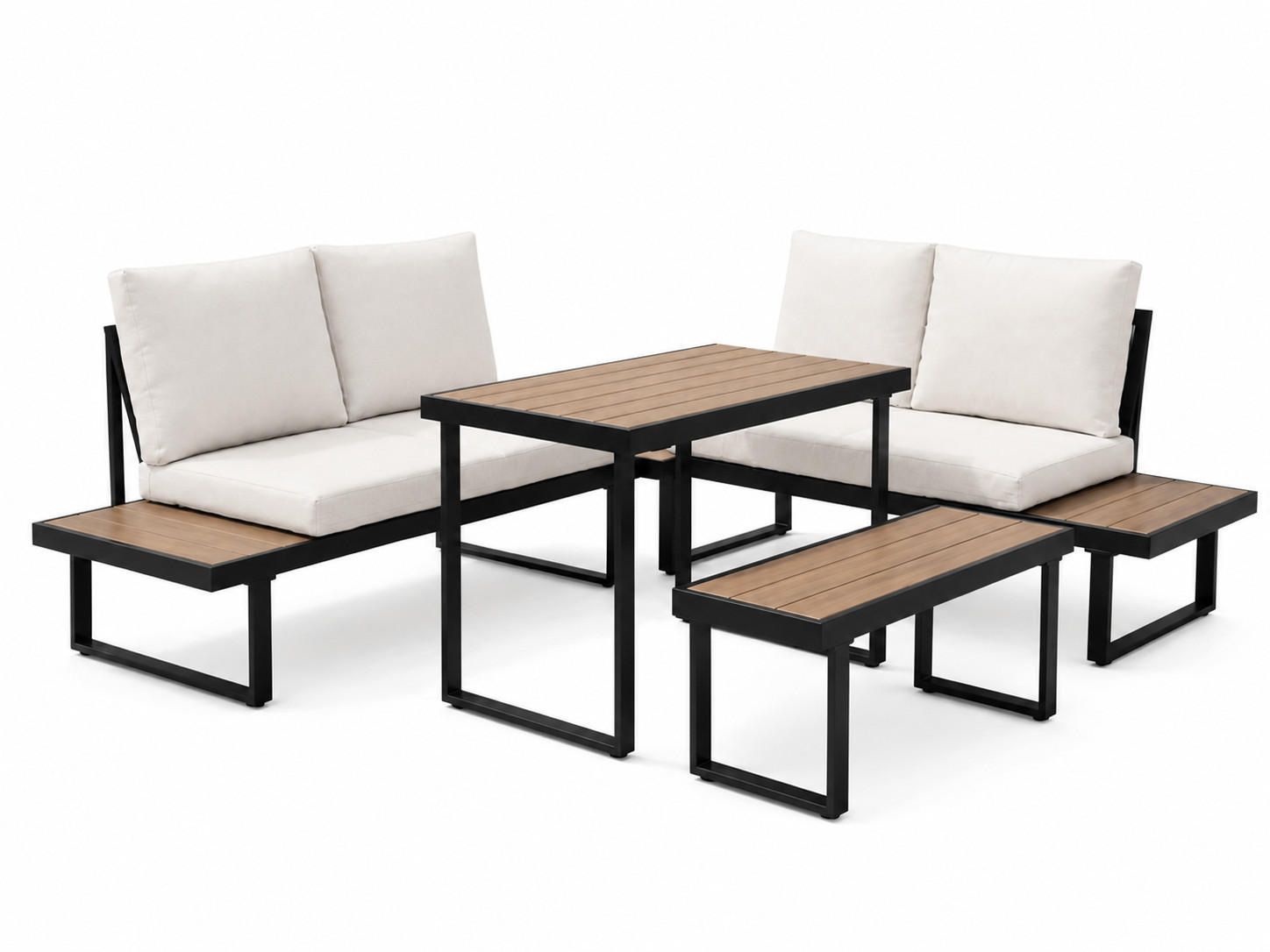 GARTENMÖBEL-SET mit 2 Zweisitzern. 1 Esstisch und 1 Bank. schwarz. beige und dunkle Eiche - Beige/Schwarz, Metall - Home Collective