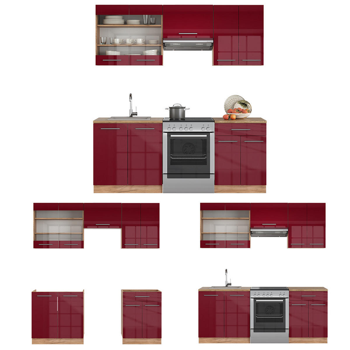 KÜCHENZEILE Fame-Line Bordeaux Hochglanz/Goldkraft Eiche 200 cm ohne AP - Bordeaux/Eiche Wotan, Holzwerkstoff (200/81.6/46cm) - Vicco