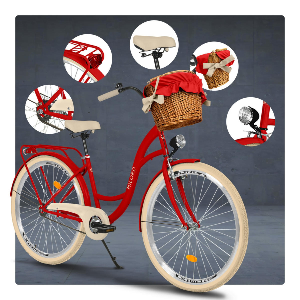 CITY-FAHRRAD Milord mit Weidenkorb, 28 Zoll, Rot, 1-Gang - Rot, Metall (46cm) - Milordbikes