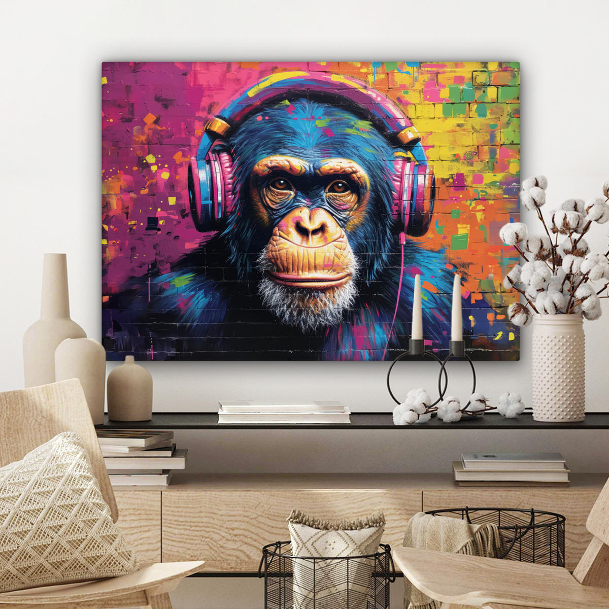LEINWANDBILD Graffiti - Schimpanse - Straßenkunst - Kopfhörer - Affe Wandbilder 80x60 cm - Blau, Textil (80/60cm) - MuchoWow