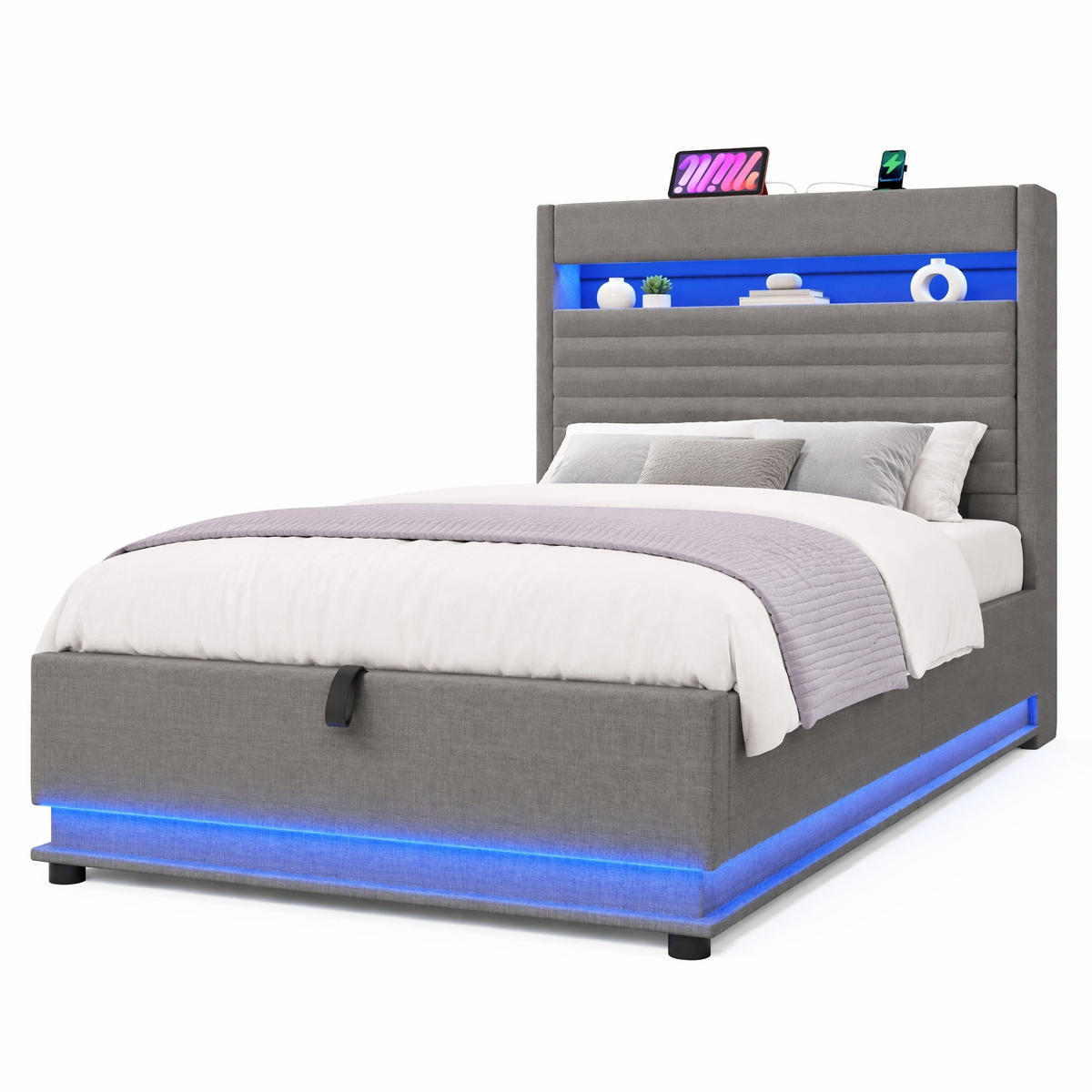 POLSTERBETT 90/200 cm in Grau mit Bettkasten, LED und USB - Grau, Holzwerkstoff/Textil (90/200cm) - CHICFURN