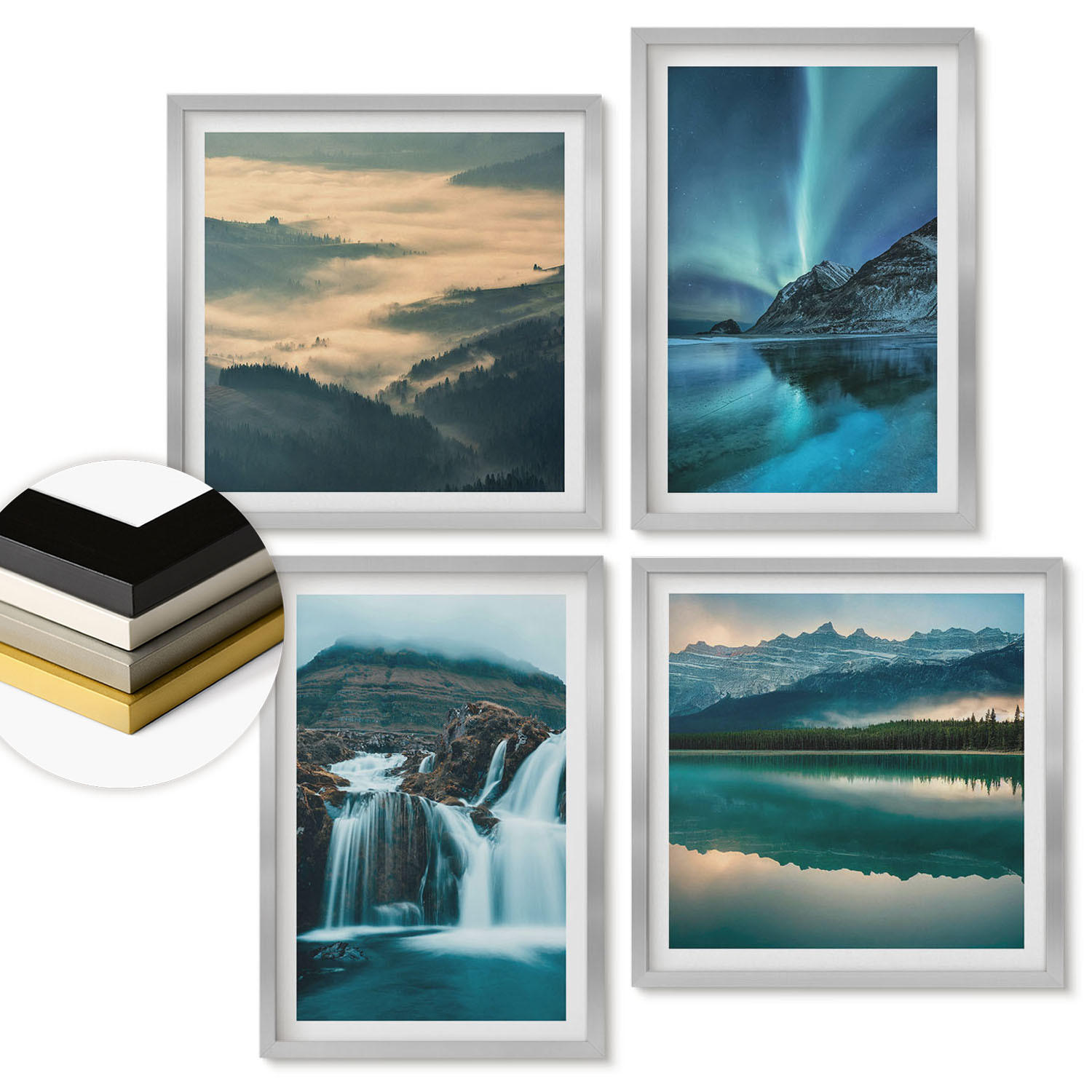 WANDBILDER 4er Set - 50x50 cm & 40x60 cm Silberner Rahmen - Winterlandschaften, Wasserfälle, Nordlichter - Silberfarben, Kunststoff (50/50cm) - ArtPrintCave