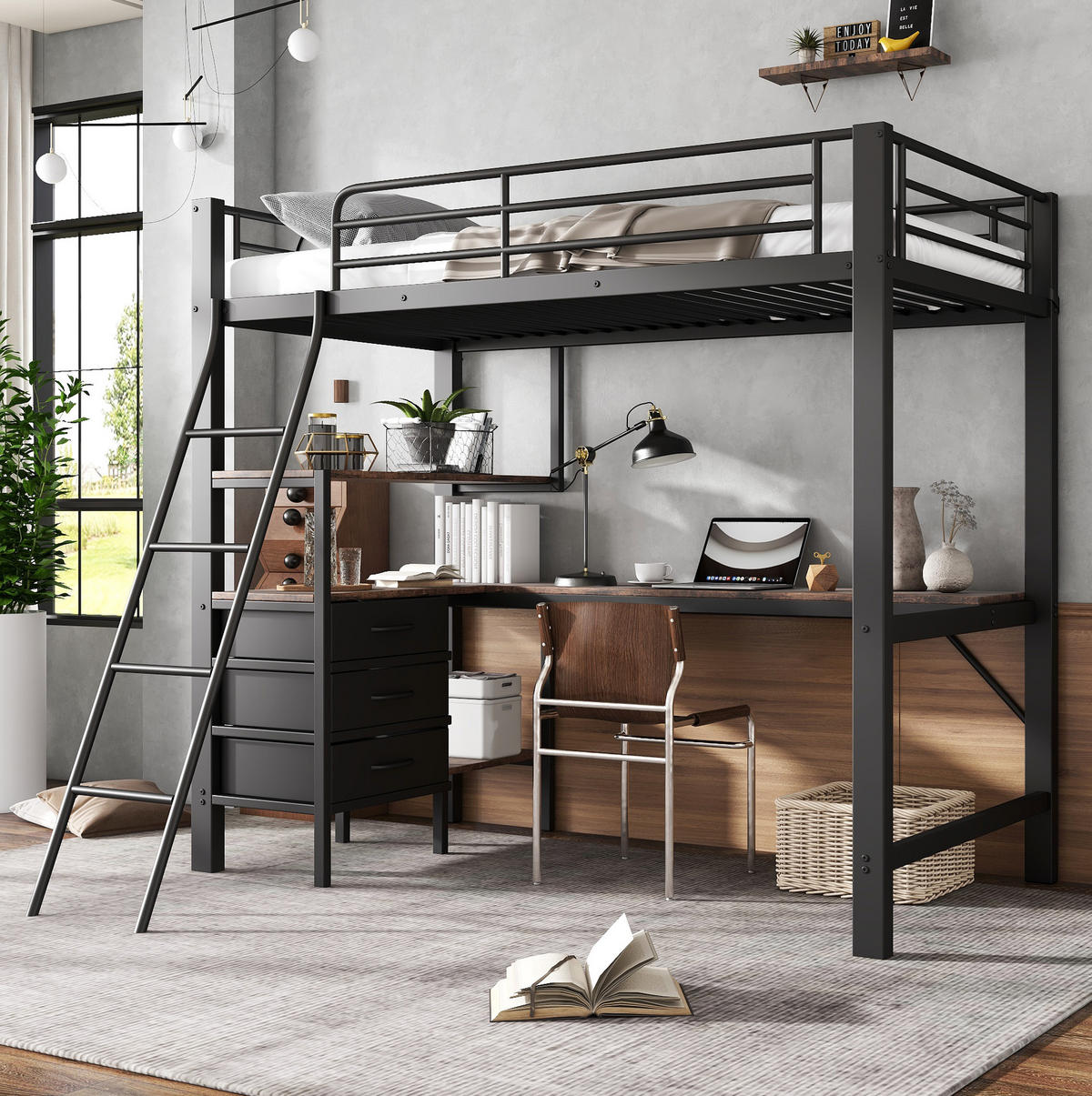 HOCHBETT 90/200 cm in Schwarz mit 2 m Schreibtisch und 3 Schubladen - Schwarz, Metall (90/200cm) - Flora Grace