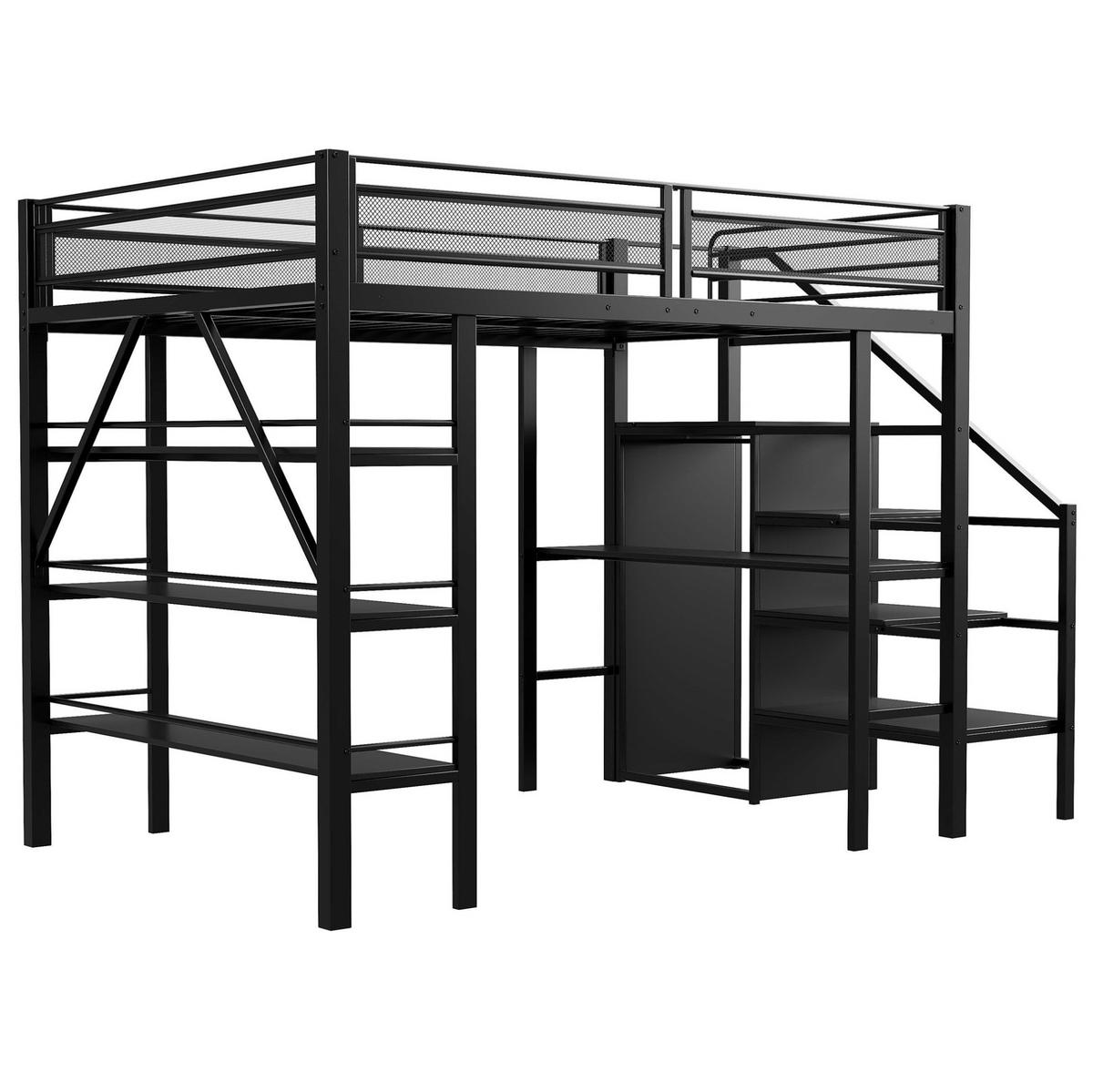 HOCHBETT aus Metall 140x200 cm Schwarz mit Schreibtisch, Kleiderschrank, Regal und Sicherheitstreppe - Schwarz, Metall (90/200cm) - Modfu