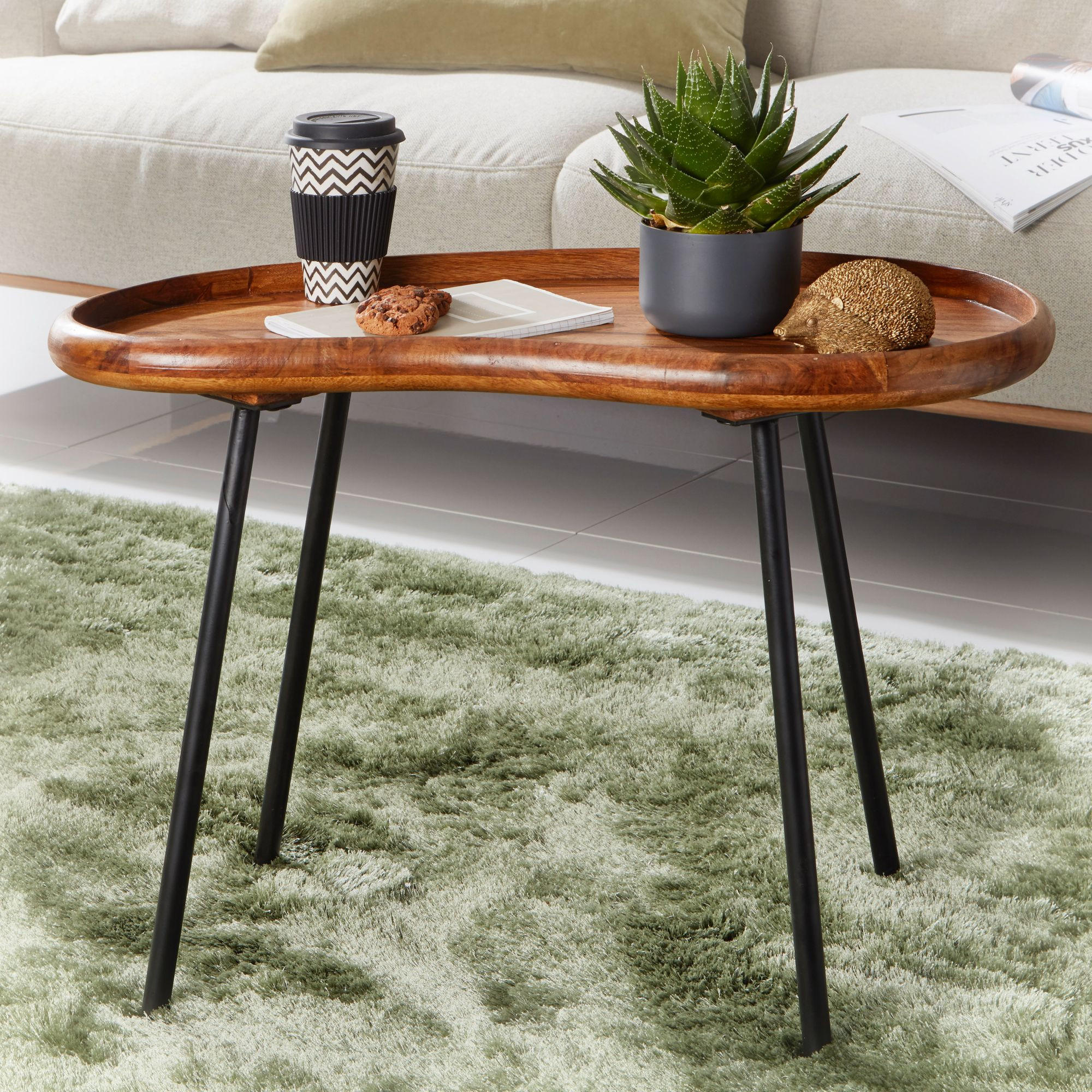 COUCHTISCH Massivholz mit Metallbeinen, Nierenform, Handgefertigt, Braun 71x40x51 cm - Schwarz/Braun, Holz/Metall (40/71/51cm) - KADIMA DESIGN