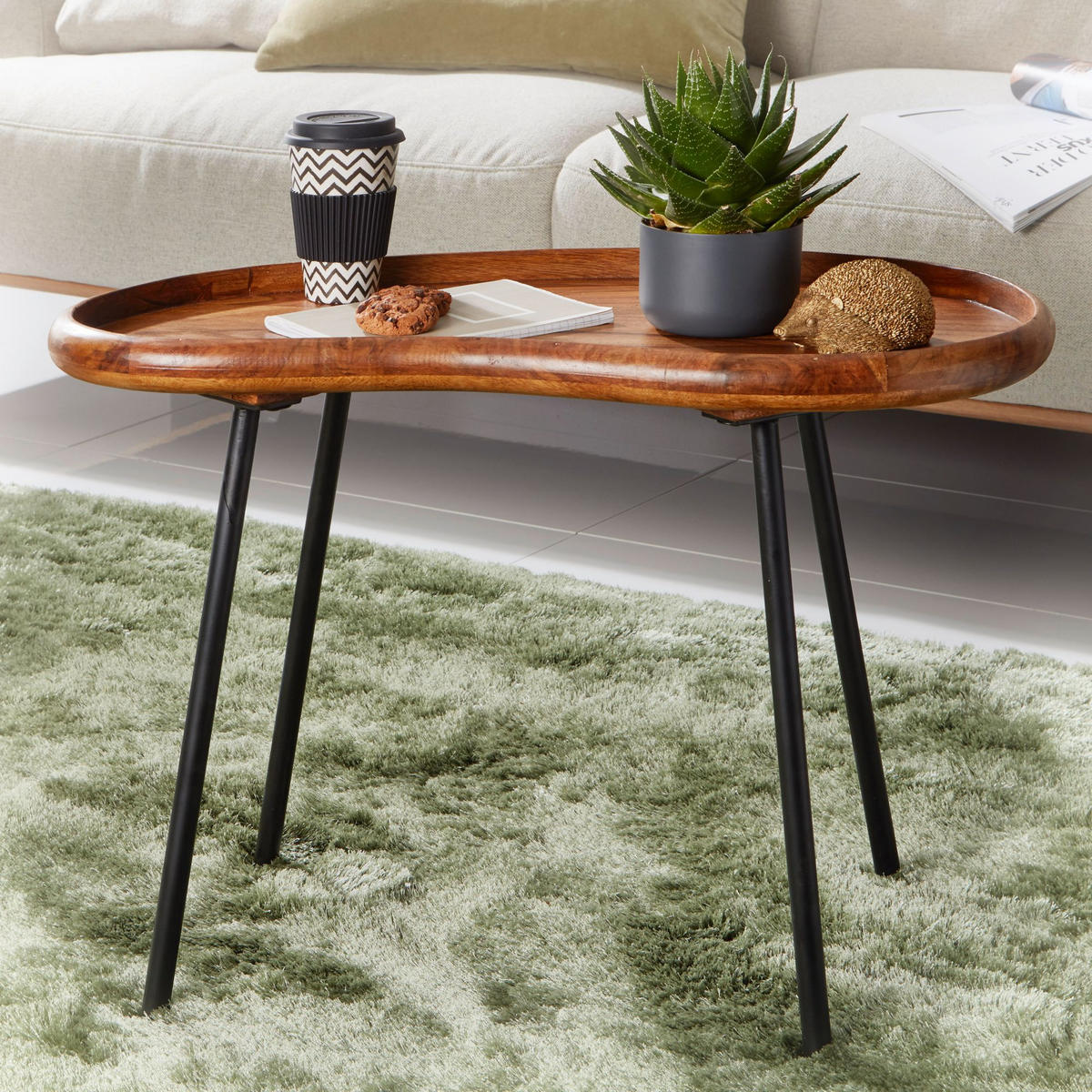 COUCHTISCH Massivholz mit Metallbeinen, Nierenform, Handgefertigt, Braun 71x40x51 cm - Schwarz/Braun, Holz/Metall (40/71/51cm) - KADIMA DESIGN