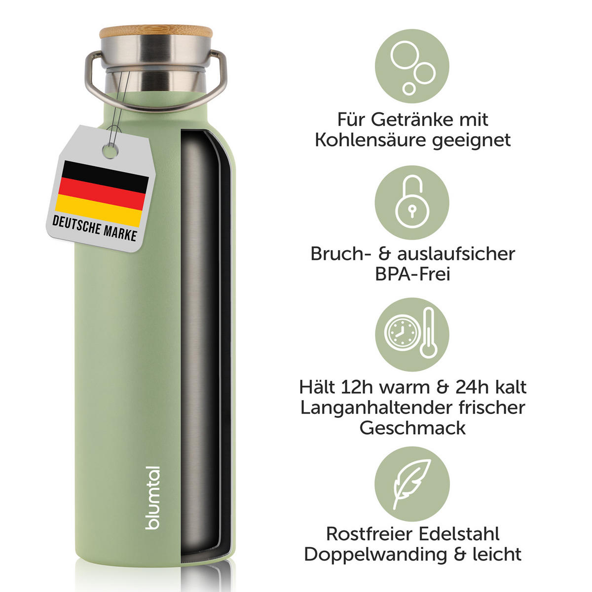 TRINKFLASCHE Leni 1000 ml, inkl. Teesieb und Sportdeckel - Hellgrün, Metall (1L) - Blumtal