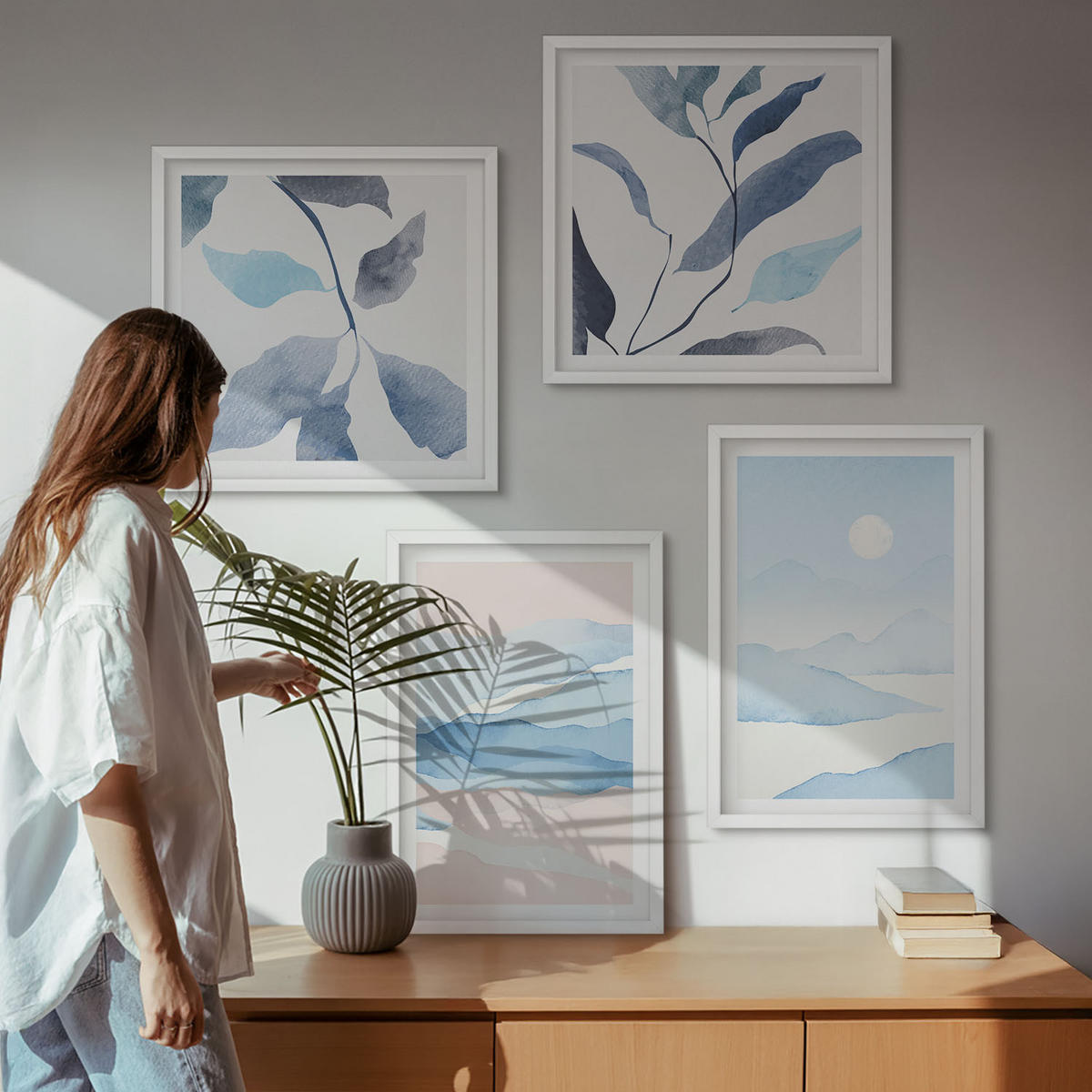 WANDBILDER 4er-Set - 50x50 cm & 40x60 cm Weißer Rahmen - Berglandschaften, Aquarellpflanzen - Weiß, Kunststoff (50/50cm) - ArtPrintCave