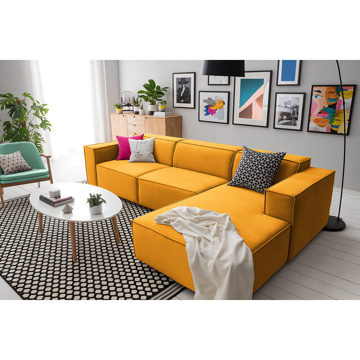 ECKSOFA mit Longchair - Gelb/Schwarz, Kunststoff/Textil (294/177cm) - home24