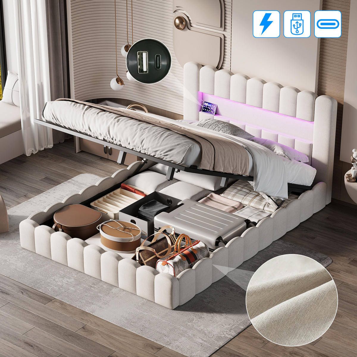 STAURAUMBETT 180x200 cm Doppelbett, mit USB-Anschluss und LED-Beleuchtung, Leinenstoff in Beige - Beige, Holz (180/200cm) - BRILVERDE