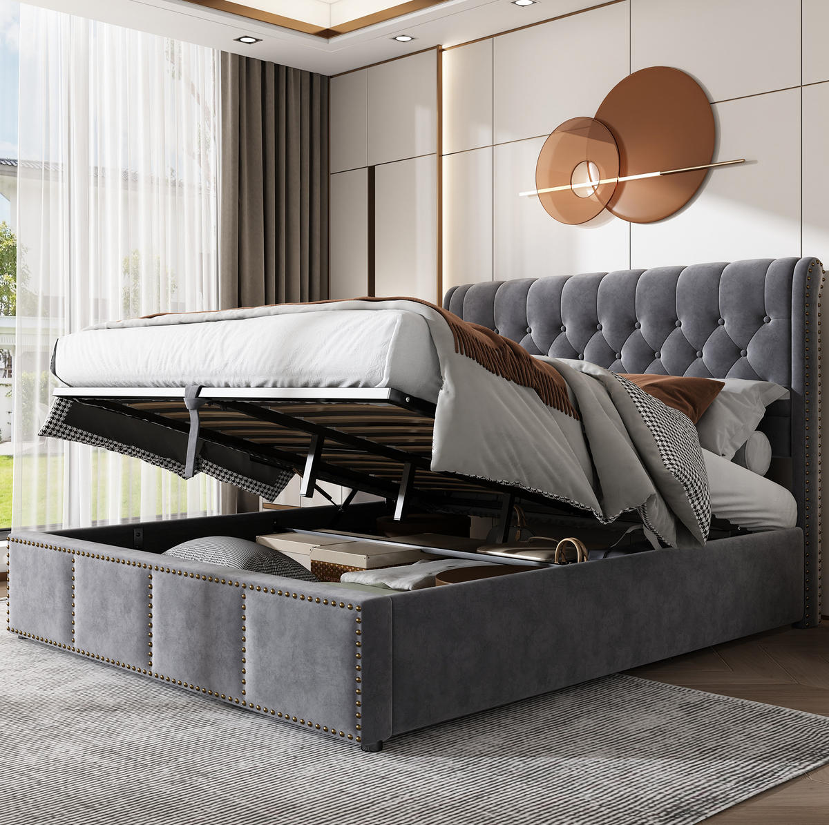 POLSTERBETT 180/200 cm Grau mit Hydraulik und Nietendetails - Grau, Textil (180/200cm) - OKWISH