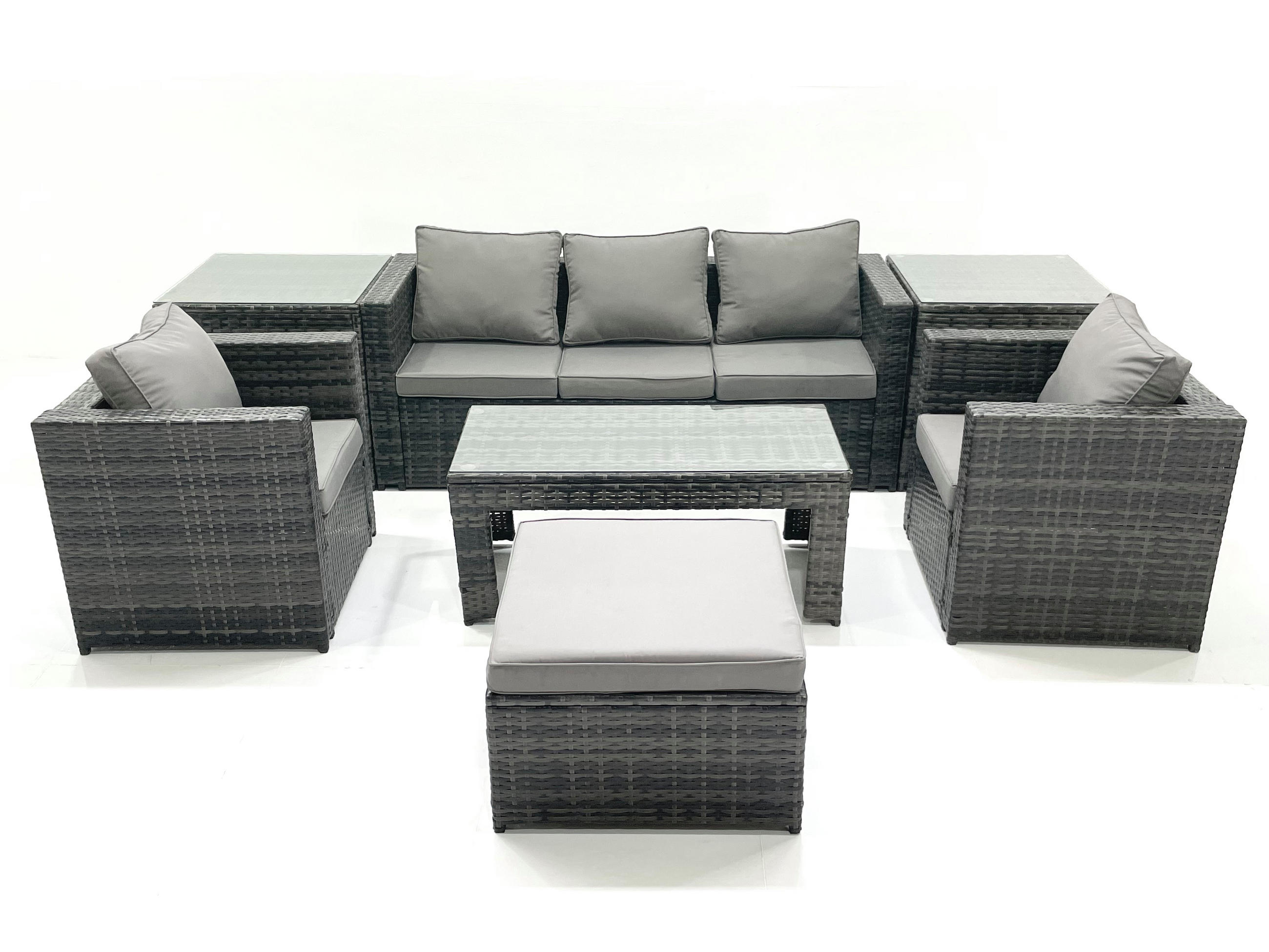 GARTENMÖBEL-SET COUCHTISCH SESSEL SOFA mit HOCKER Polyrattan Dunkelgrau Gemischt 6-Sitzer - Dunkelgrau/Grau, Glas/Kunststoff - Fimous