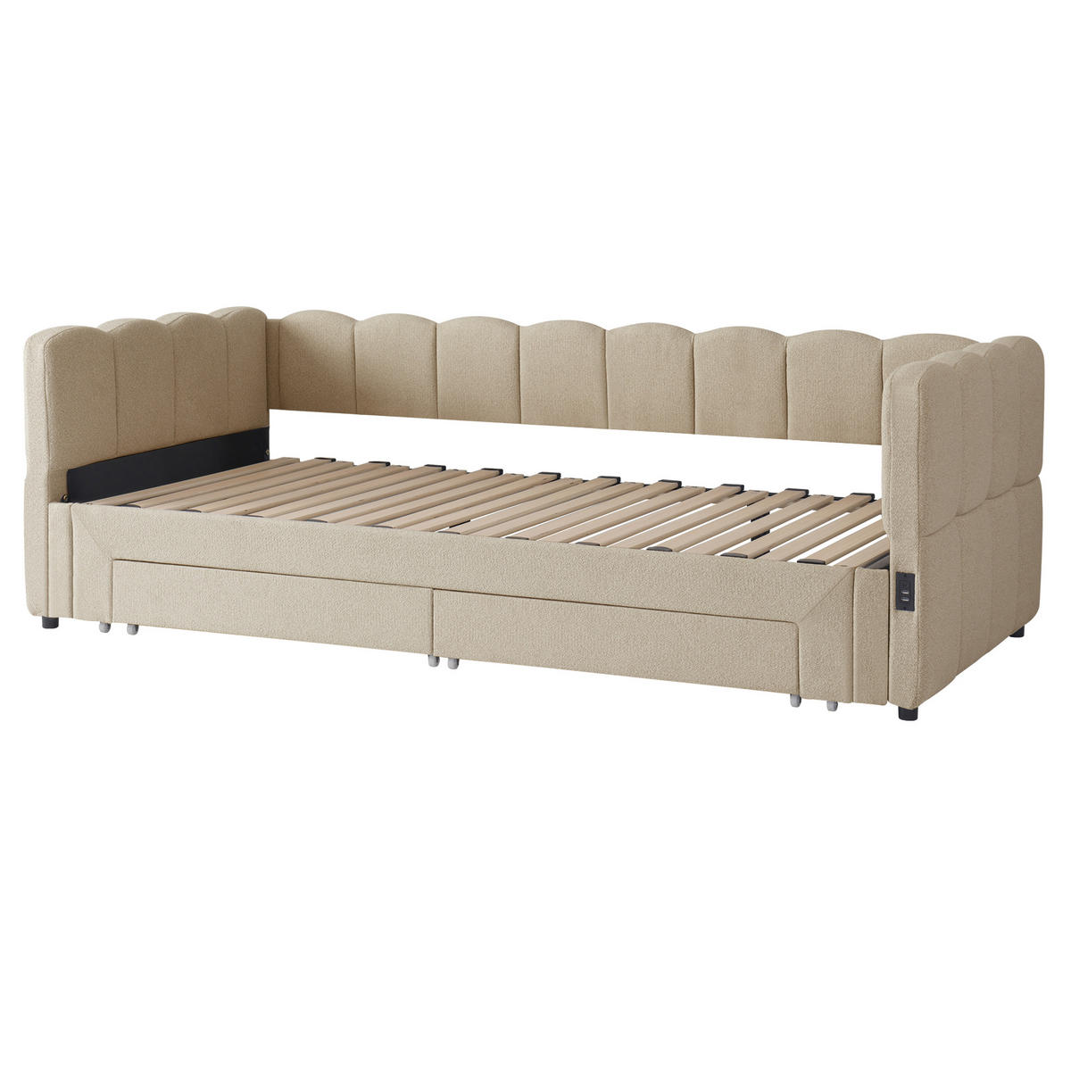 POLSTERBETT aus Chenille 90x200 cm in Beige mit Ausziehfunktion & USB - Beige, Textil (90/200cm) - Modfu