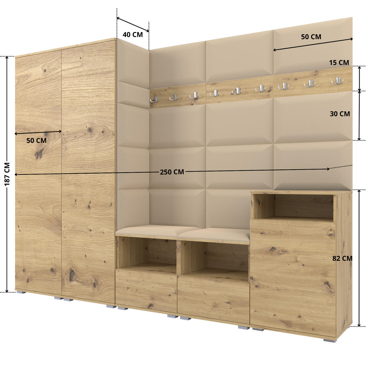 GARDEROBE NELA VIII 250 cm (Modulare Flurmöbel Artisan Eiche mit Sitzpolster Beige 04 2 Schränke + Sideboard) - Beige/Silberfarben, Holz/Holzwerkstoff (250/187/40cm) - Ravio