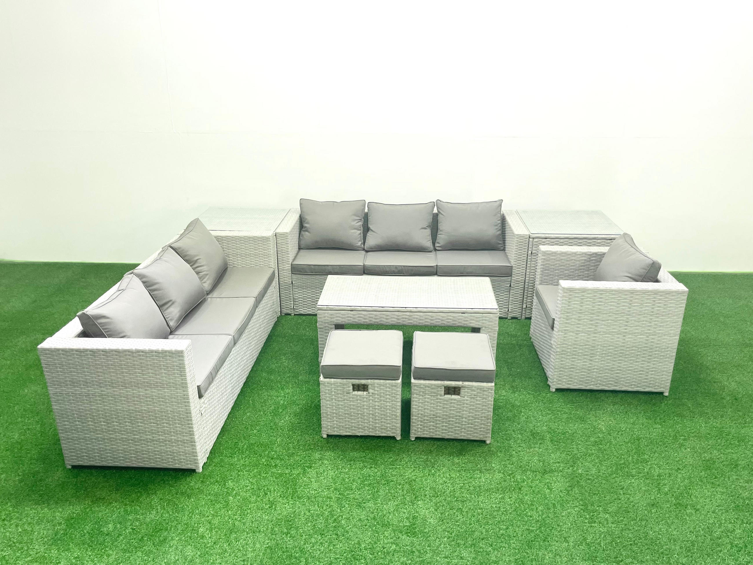 GARTENSOFA hohe Rückenlehne Polyrattan Hellgrau-Mix 9-Sitzer - Hellgrau/Grau, Glas/Kunststoff - Fimous