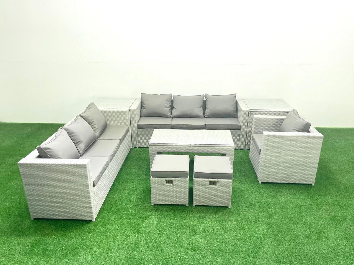 GARTENSOFA hohe Rückenlehne Polyrattan Hellgrau-Mix 9-Sitzer - Hellgrau/Grau, Glas/Kunststoff - Fimous