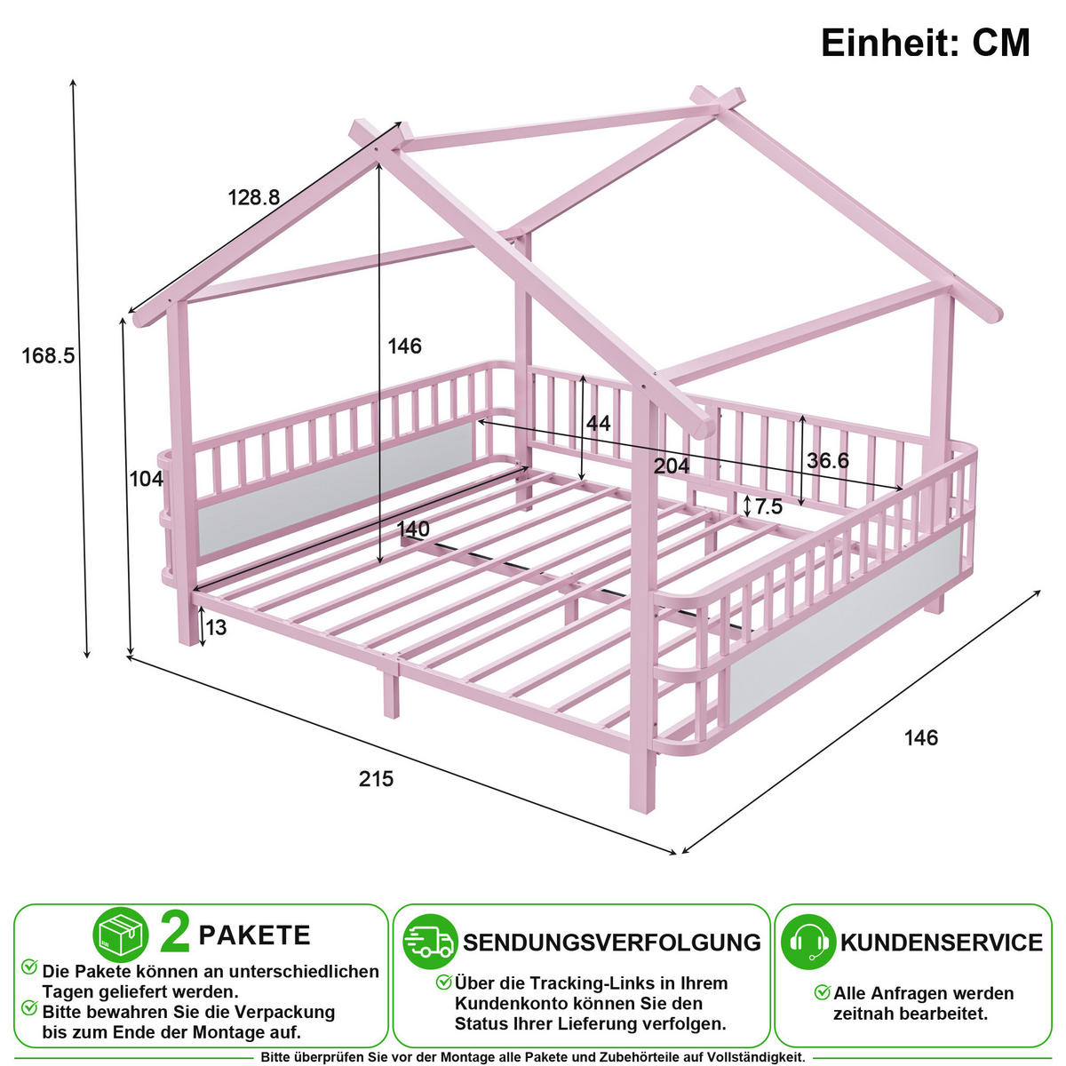 KINDERBETT 140/200 cm in Rosa mit Sicherheitsgitter und Dachrahmen aus Metall - Rosa, Metall (140/200cm) - CHICFURN