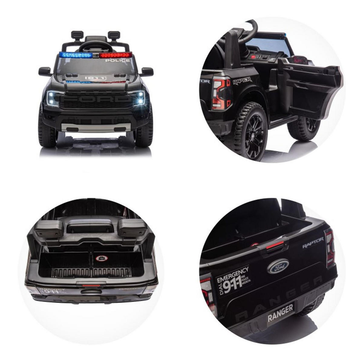 ELEKTROAUTO Ford Police schwarz Bluetooth, Fernbedienung, Gurt, MP3 - Schwarz, Kunststoff (108/73/50cm) - Chipolino