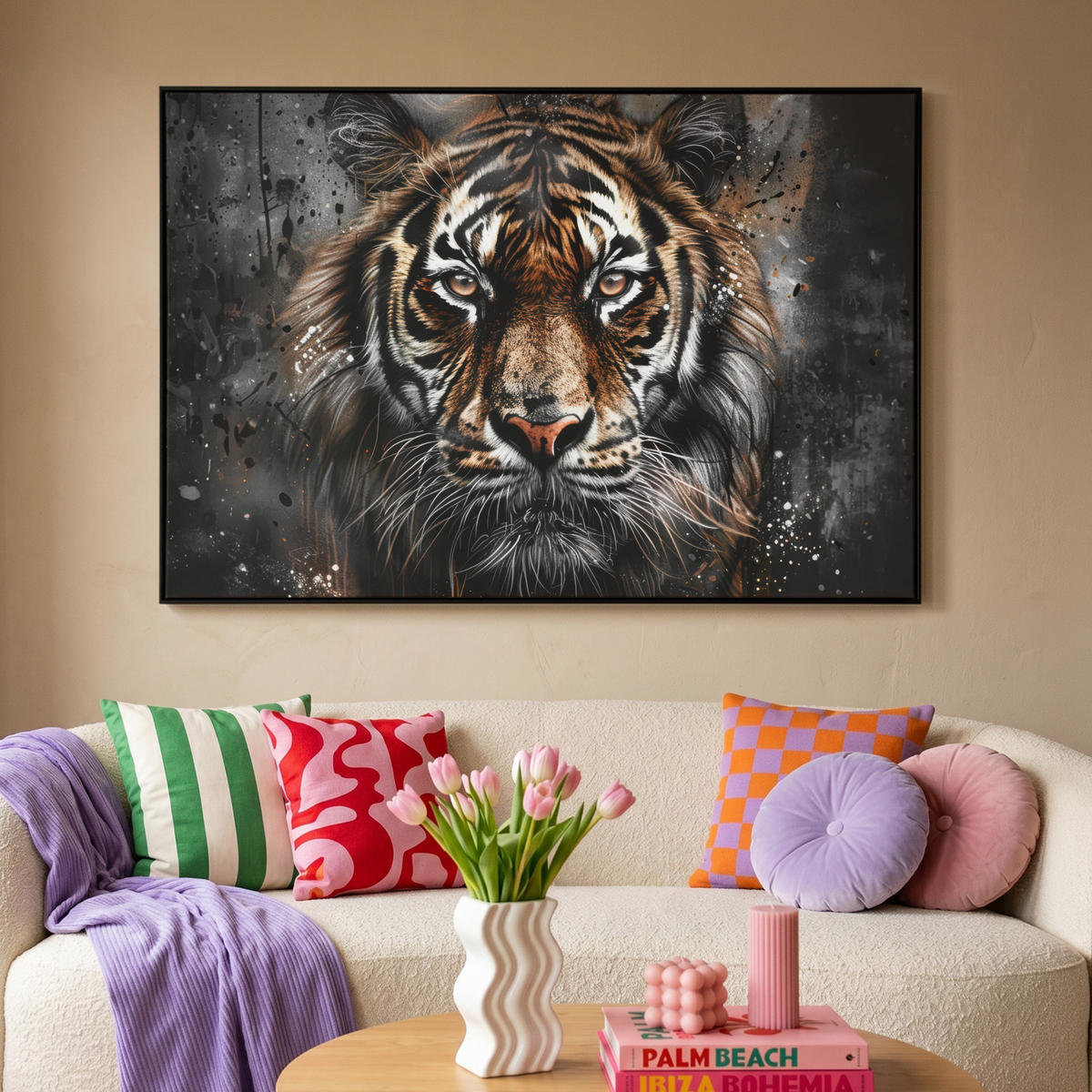 LEINWAND Bilder mit Rahmen - Tiger - Tiere - Porträt - Luxus - Schwarz - 140x90 - Braun, Textil (140/90cm) - MuchoWow