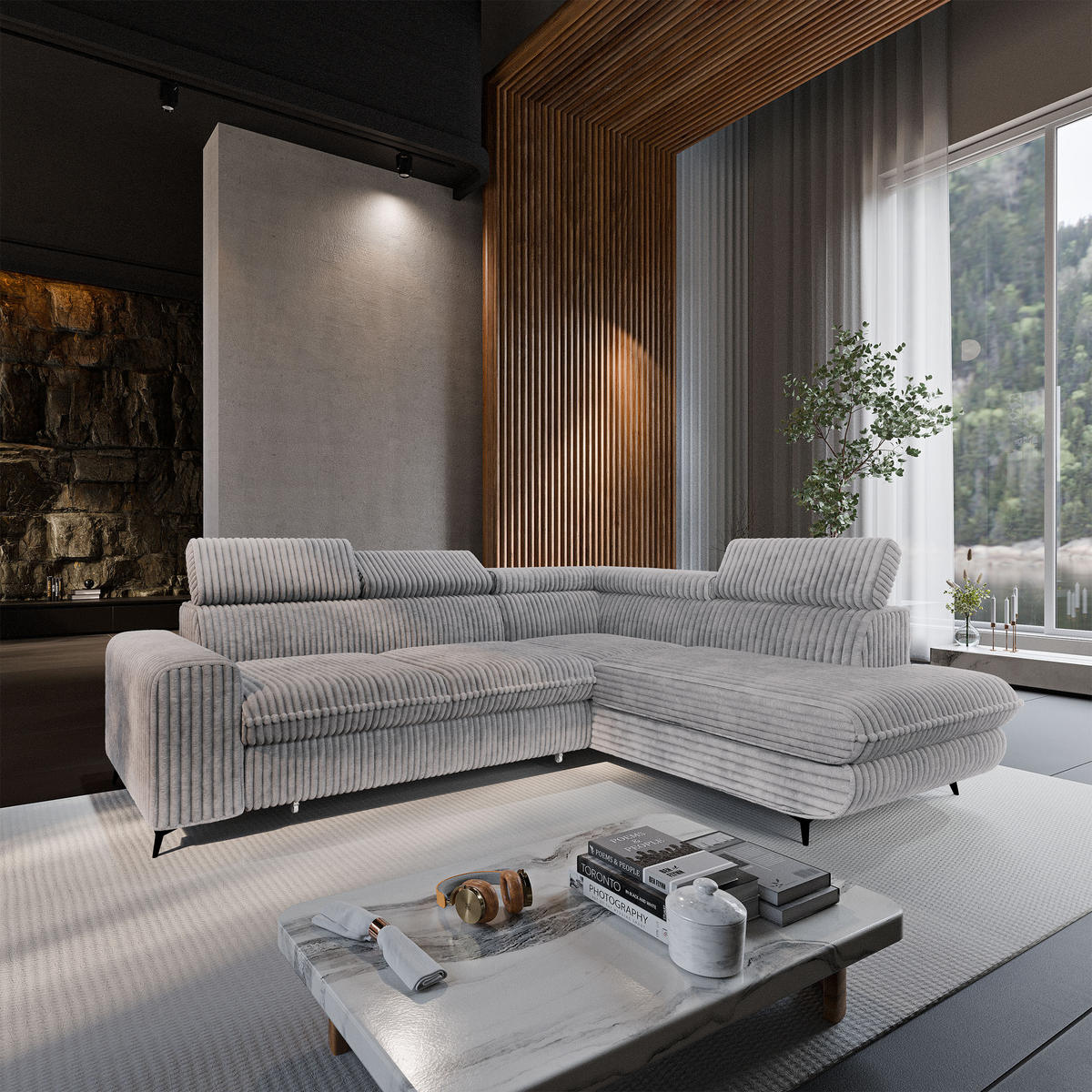 ECKSOFA VELISS Hellgrau Kordstoff mit Schlaffunktion - Hellgrau, Holz (255/193cm) - MASSENO