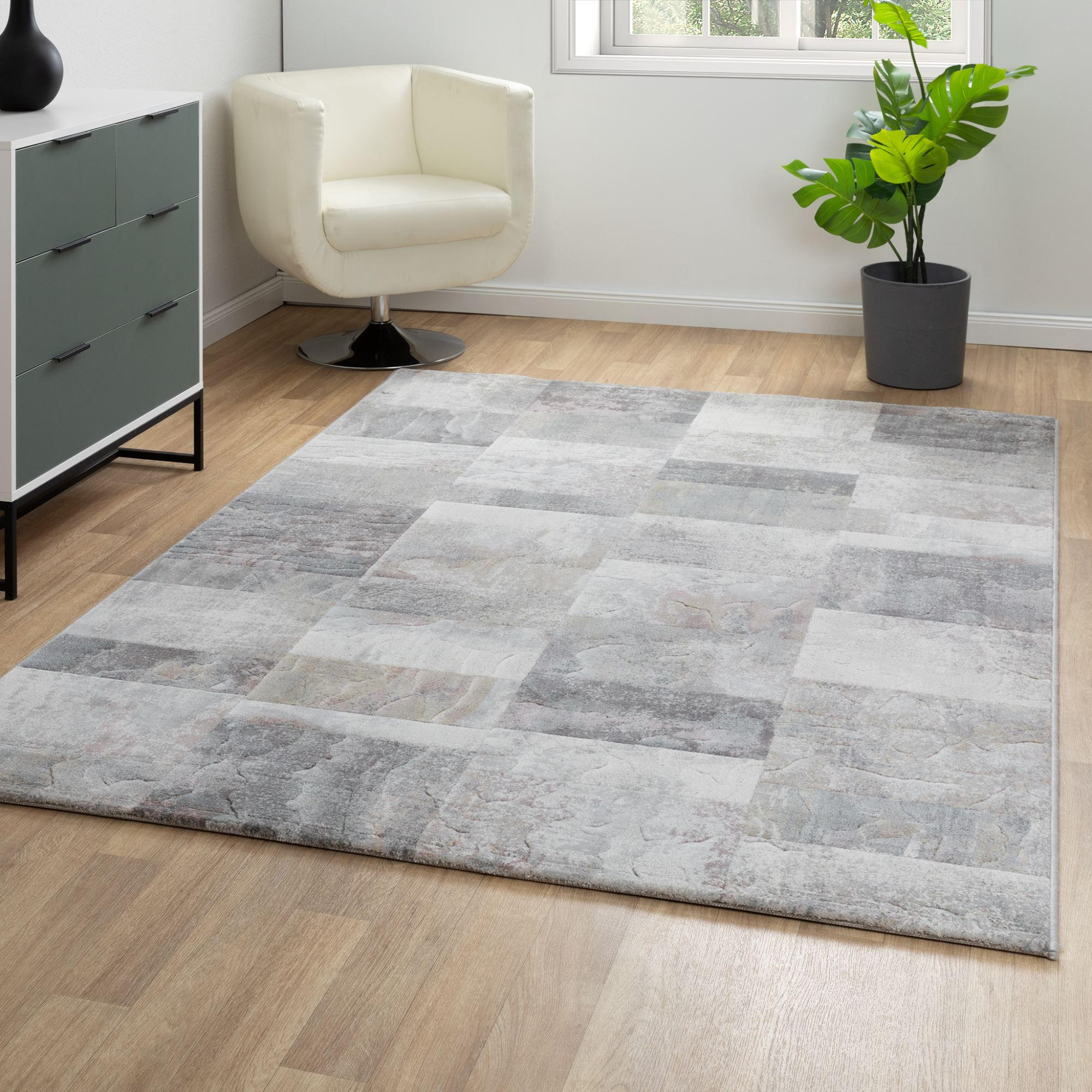 Thumbnail - Steffensmeier Moderner, Hellgrau, Textil, Kariert, Rechteckig, 133x195 cm, Fasern thermofixiert (heatset), Teppiche & Bö...