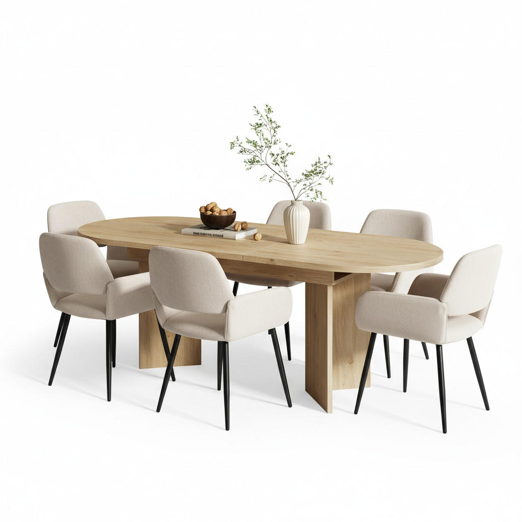 TISCHGRUPPE 7-teilig Ovaler Ausziehtisch Eiche-Optik & 6x 360° Drehstühle Beige - Schwarz/Eiche San Remo, Holzwerkstoff/Textil (160/75/80cm) - Urban Meuble