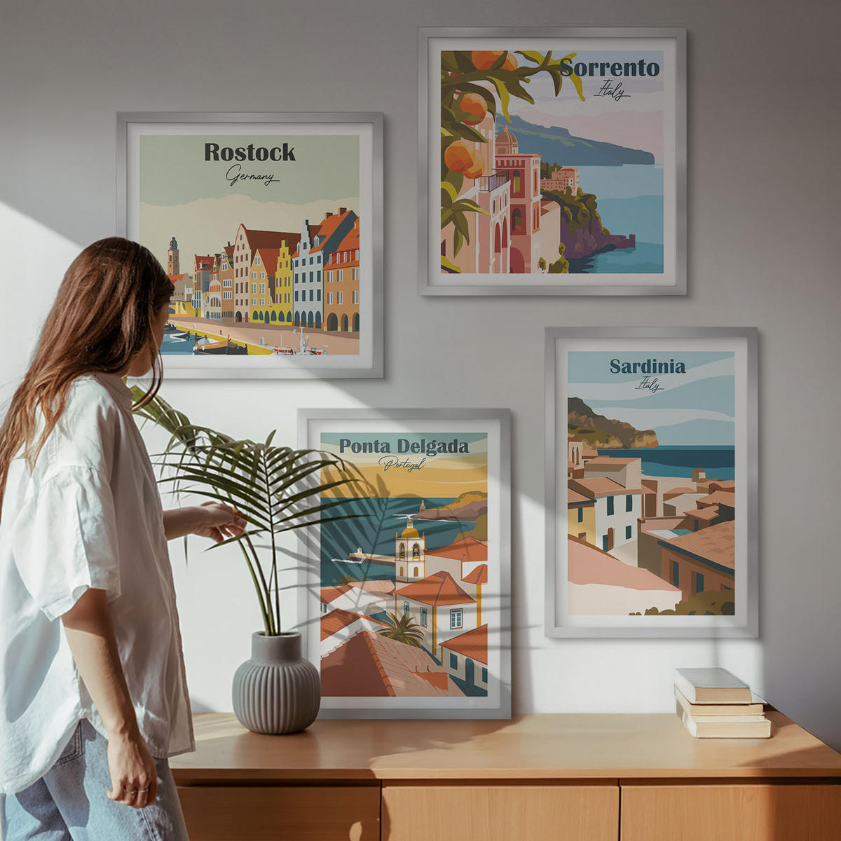 BILDER SET 4er Set - 50x50 cm & 40x60 cm Silberner Rahmen - Ansichten europäischer Häfen - Silberfarben, Kunststoff (50/50cm) - TULUP