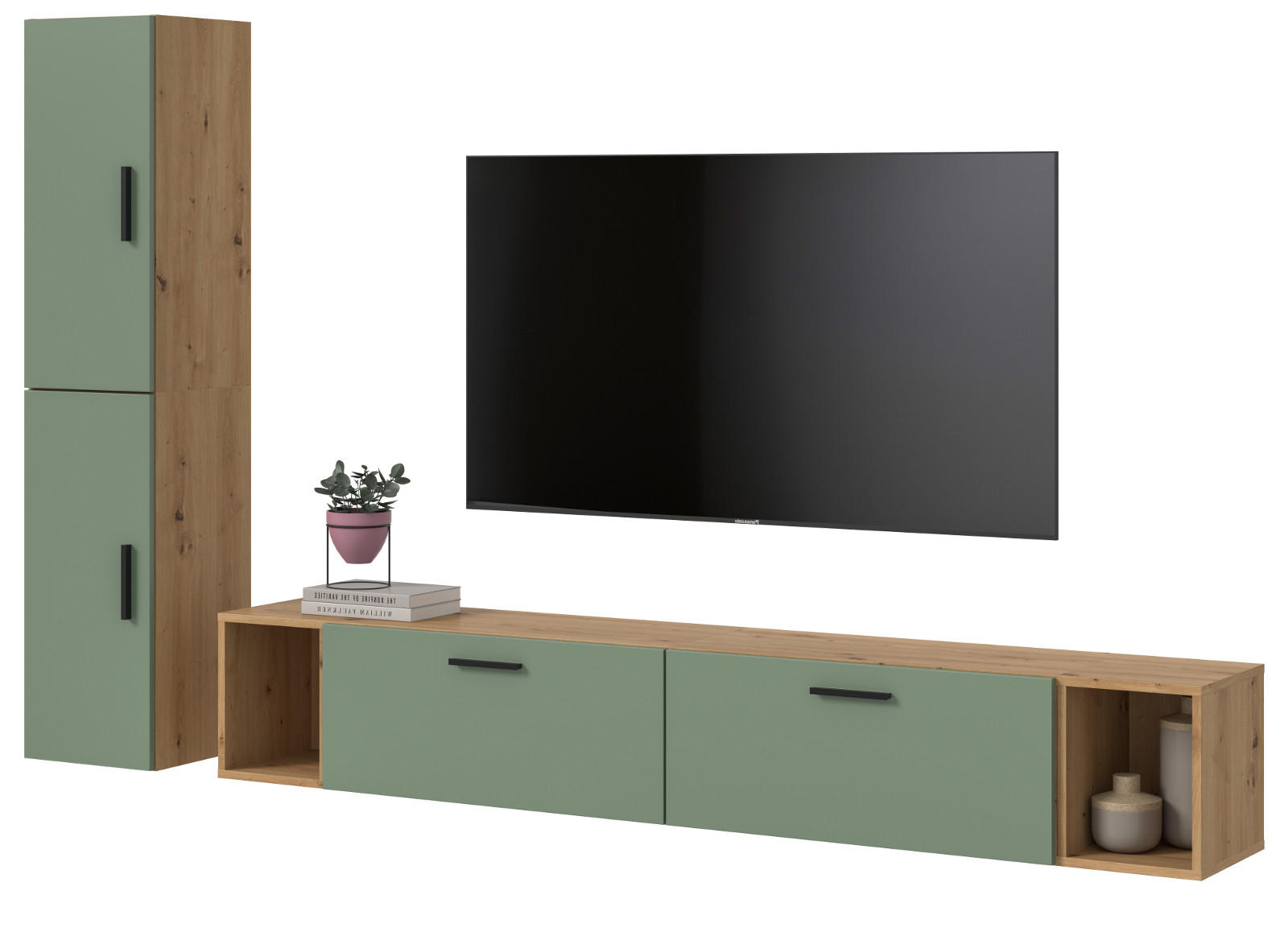Inn.Furn Wohnwand Eiche Artisan, Grün 249x184x34 cm