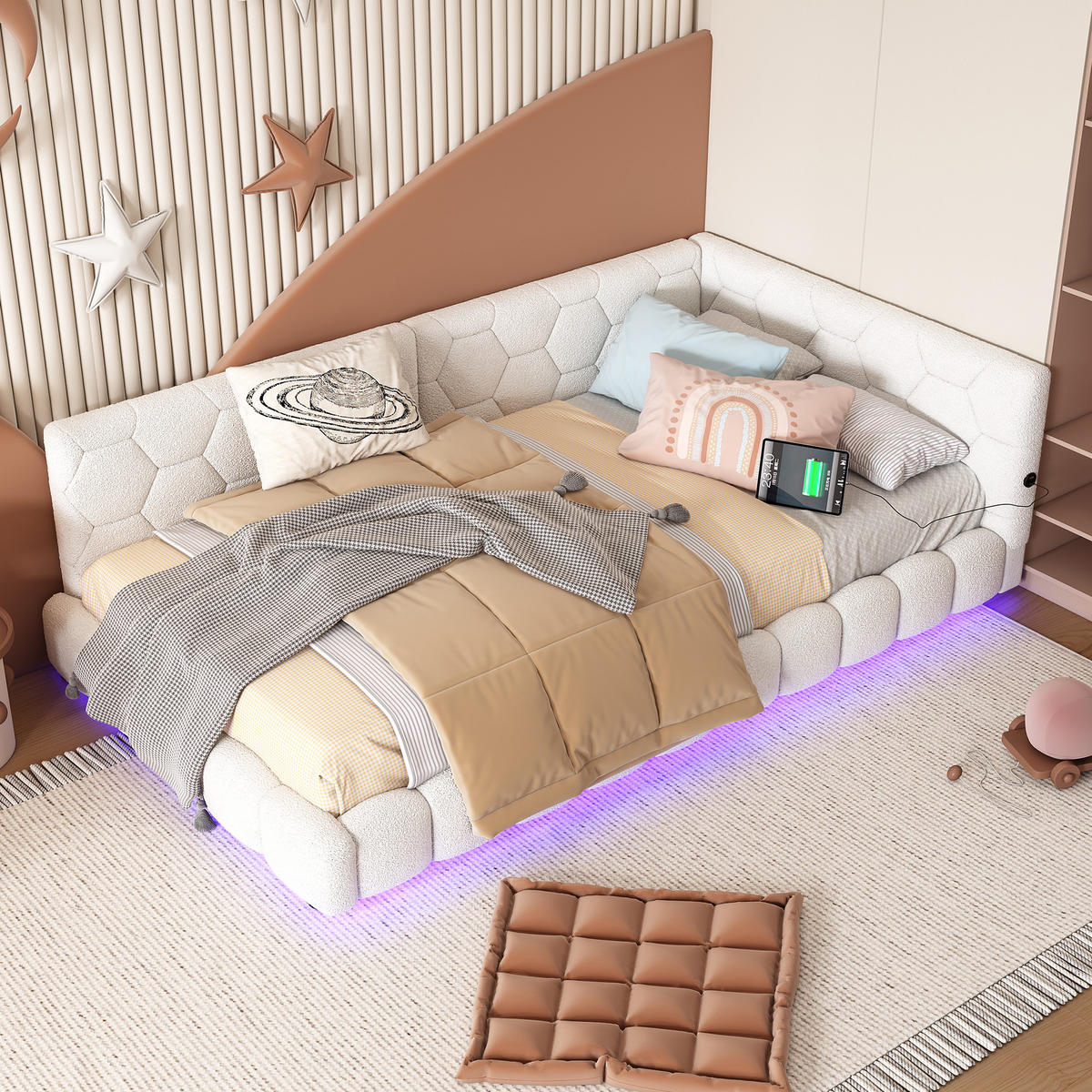 POLSTERBETT 90/200 cm Weiß mit USB- und Type-C-Anschlüssen und LED-Beleuchtung - Weiß, Textil (90/200cm) - OKWISH