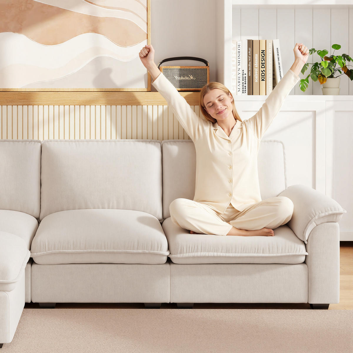 ECKSOFA DE-35030 modular mit Ottomane Beige - Beige, Textil (128/257cm) - ComfortXL