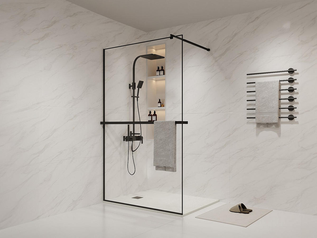 DUSCHWAND für begehbare Duschen mit Handtuchhalter & Ablage - 120 x 200 cm - Schwarz matt - BONPERO - Schwarz, Metall (120/200cm) - Vente-Unique