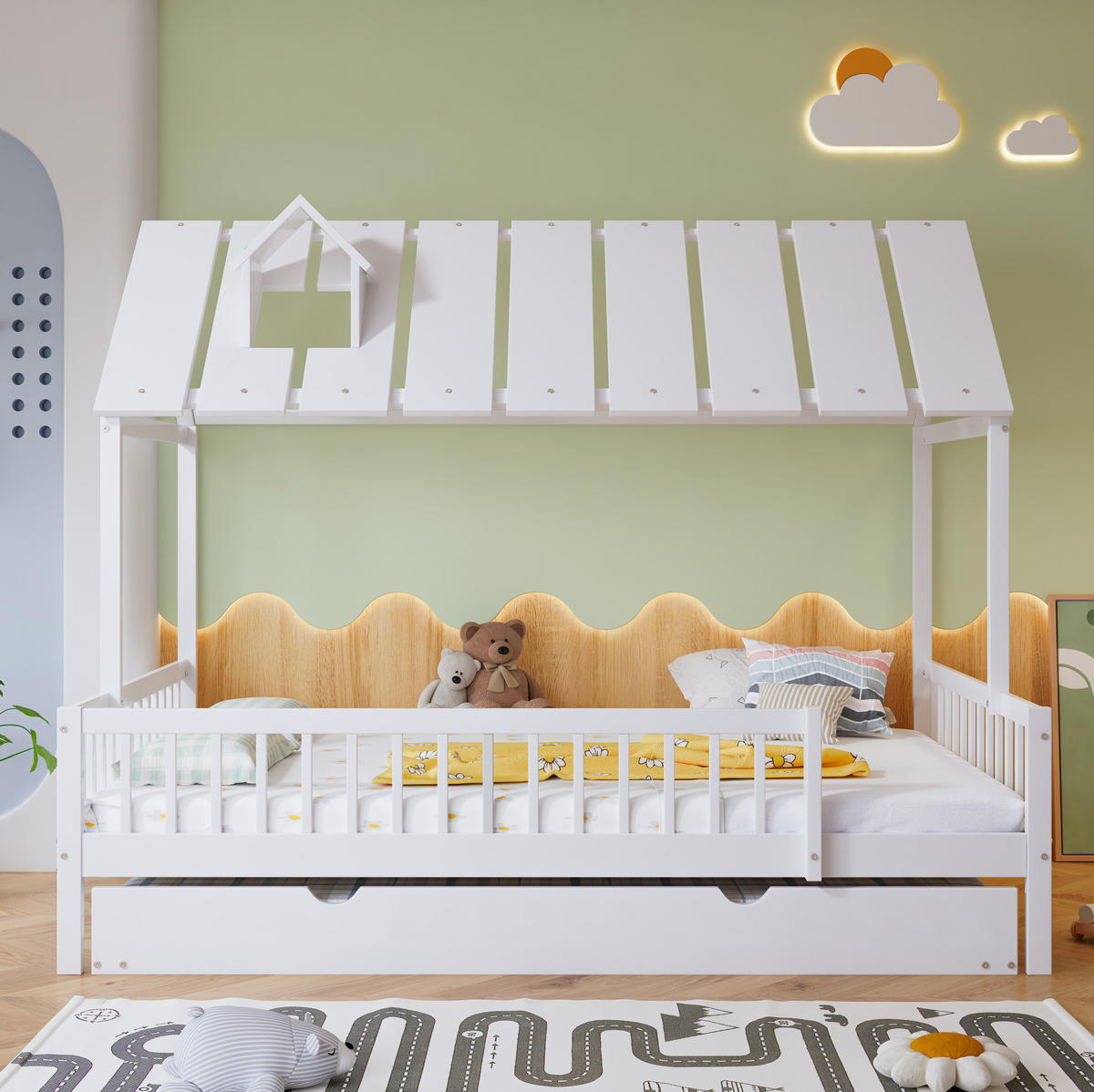 KINDERBETT 120/200 cm mit Rollbett, Dach und 3-seitigem Gitter, Weiß - Weiß, Holzwerkstoff (120/200cm) - Redom