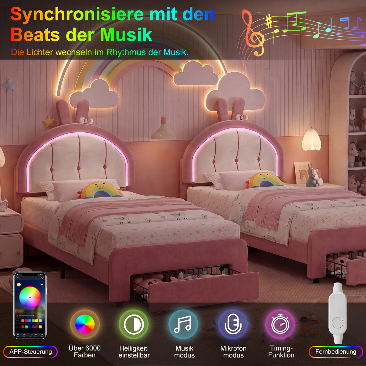 KINDERBETT 90x200 cm mit LED-Beleuchtung und Schubladen, Hasen-Kopfteil, höhenverstellbar, Samtstoff - Rosa, Holz/Metall (90/200cm) - GENKI LIVING