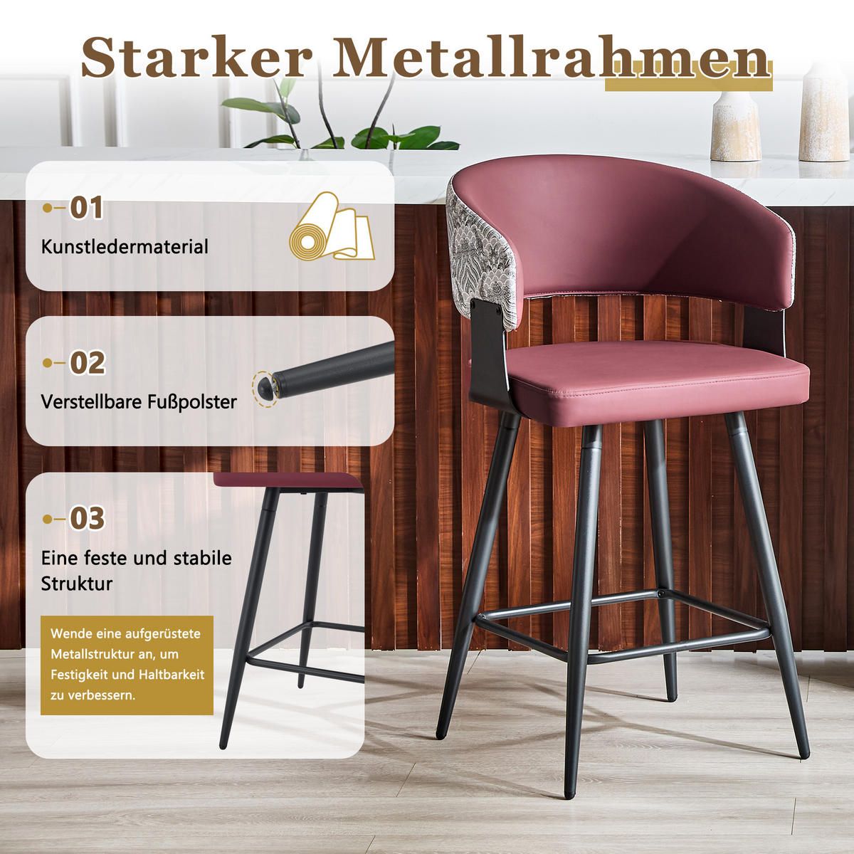 BARHOCKER DE-36674 2er Set mit PU-Bezug und Metallgestell Rot - Rot, Metall (47/94.5/46cm) - ComfortXL