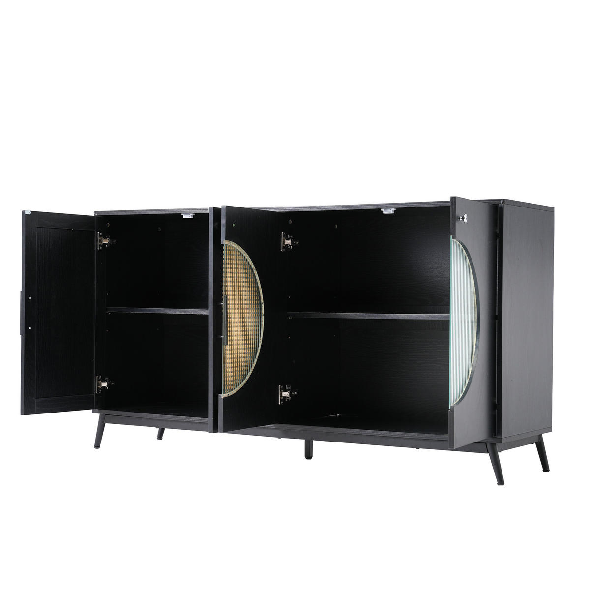 SIDEBOARD mit Rattan-Elementen und Schiebetüren, 150/40/80 cm - Schwarz, Holzwerkstoff (150/80/40cm) - Urban Meuble