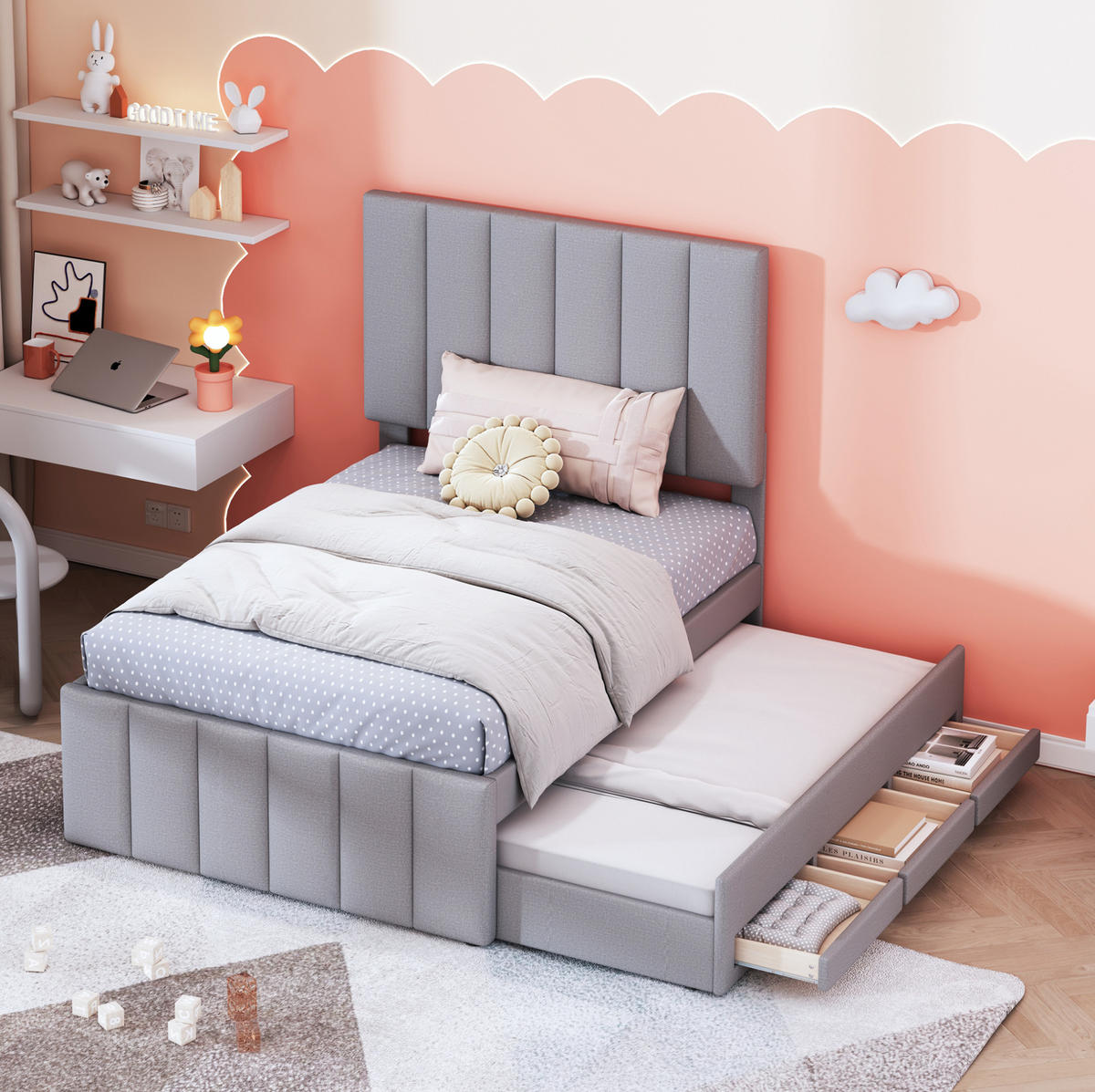 POLSTERBETT 90/200 cm Grau aus Leinen mit Rollbett und Schubladen - Grau, Textil (90/200cm) - OKMYHOME